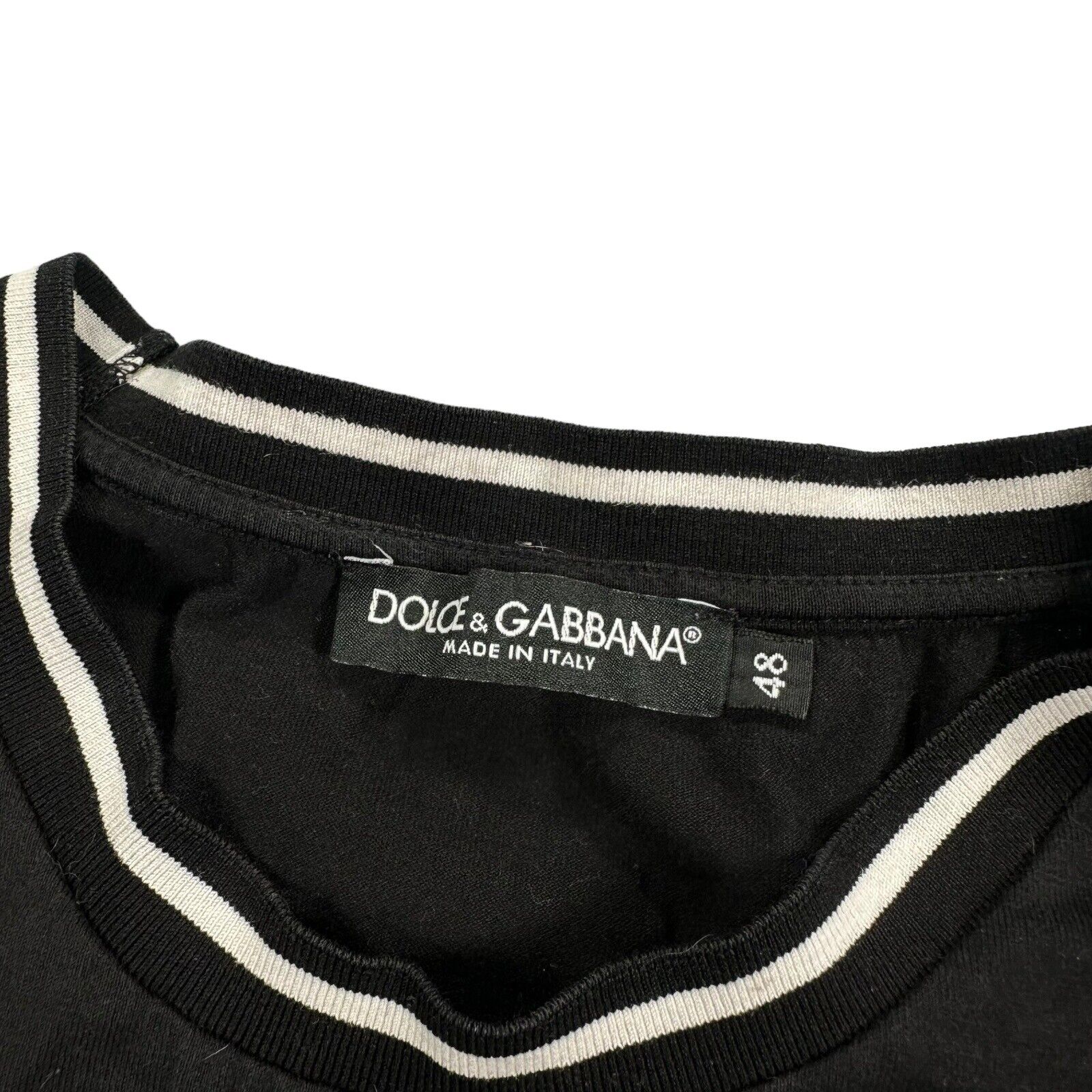 Dolce & Gabbana Size M T-Shirt Black Tape Logo Round Neck Ringer Tee Cotton