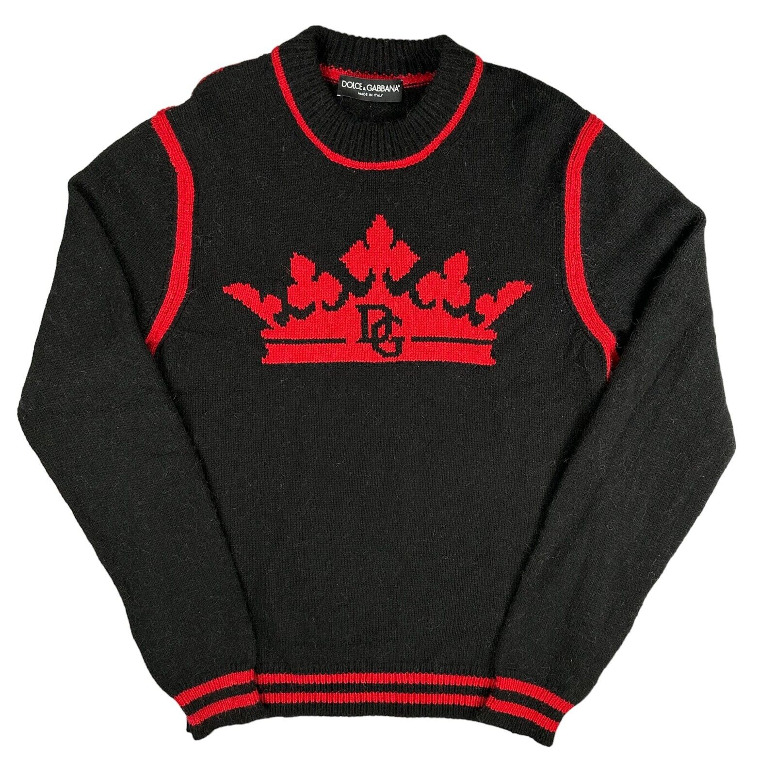 Dolce & Gabbana Size M Wool Jumper Black Red DG King Crown Logo Pullover Sweater