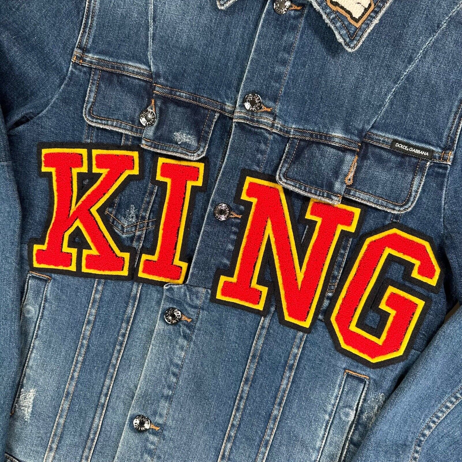 Dolce & Gabbana Size M Denim Jacket KING Reconstructed ROYALS Patch Logo Jacket