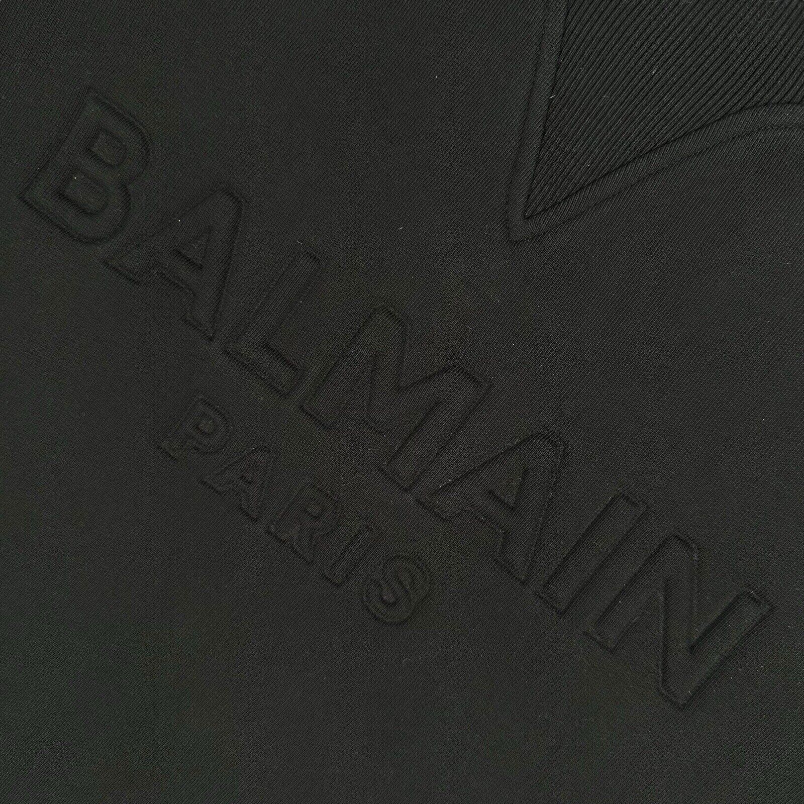 Balmain Size M Sweatshirt Black on Black Embossed 3D Chest Logo Crewneck Pull