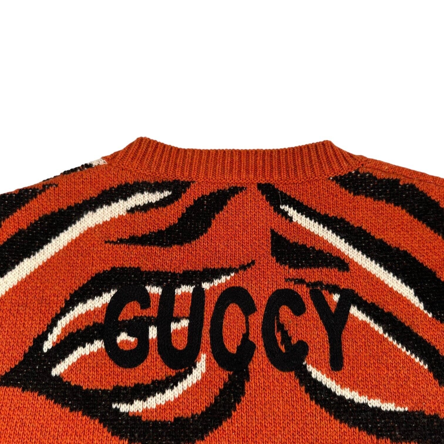Gucci Jumper Tiger Head Orange Wool Striped Embroidered Pullover Sweatshirt