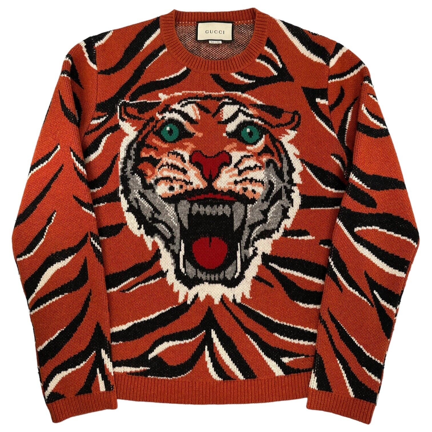 Gucci Jumper Tiger Head Orange Wool Striped Embroidered Pullover Sweatshirt