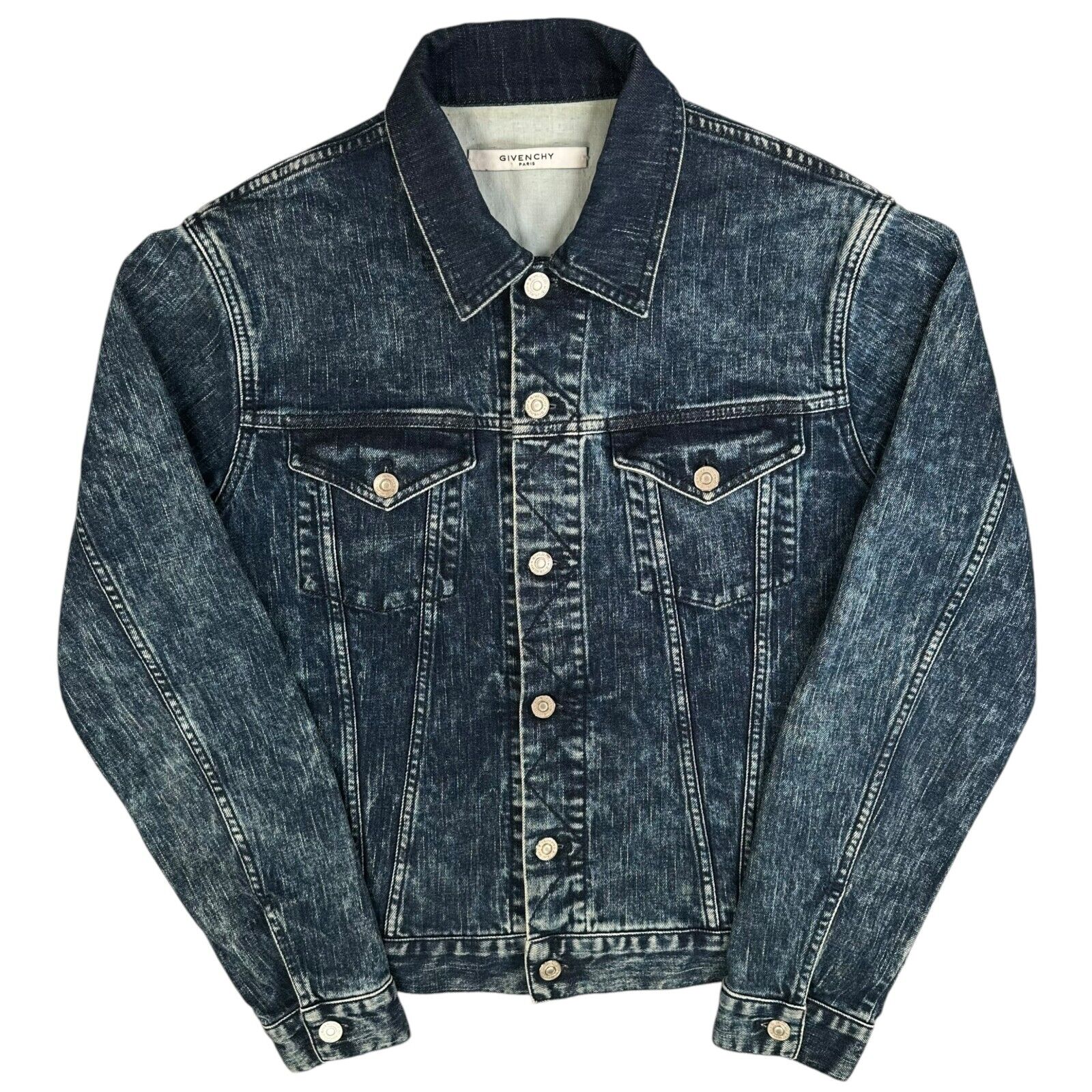 Givenchy Size M Denim Jacket Acid Wash Deep Blue Back Logo Spray Paint Button Up