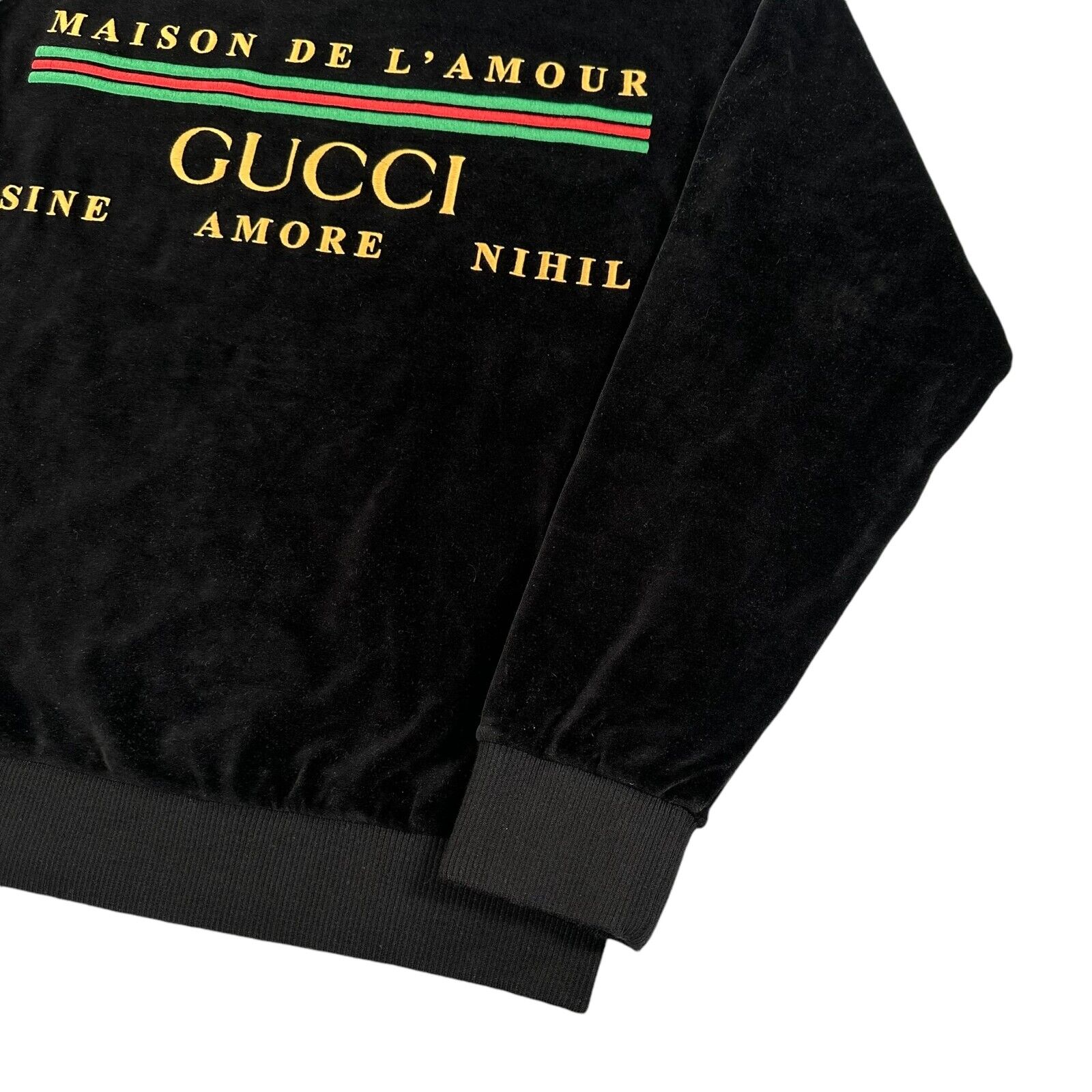 Gucci Size L Sweatshirt Black Velvet Maison De L'Amour Stripe Logo Heavy Crew