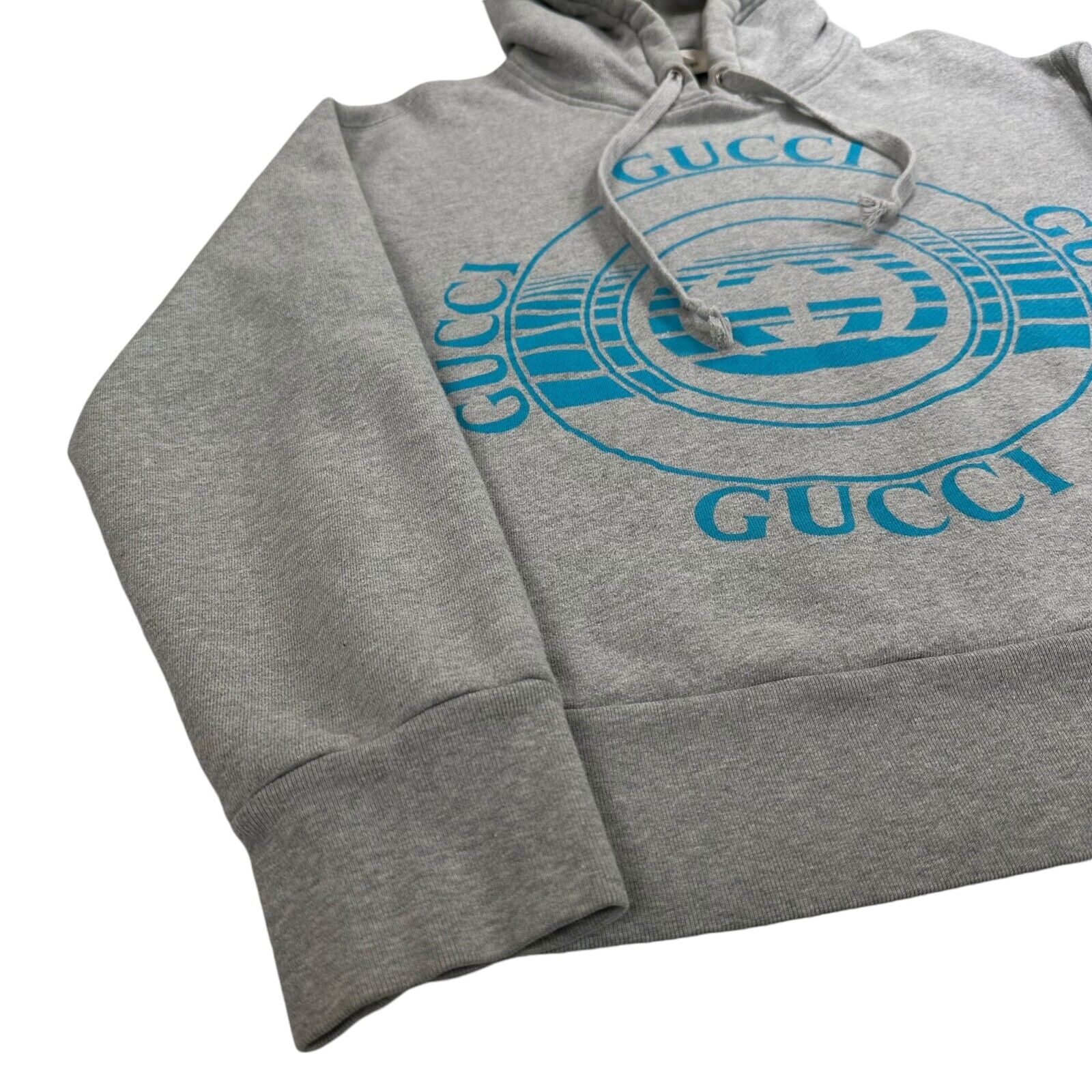 Gucci Size S Sweatshirt Grey Record Disk Logo Blue Graphic Print Drawstring Hood