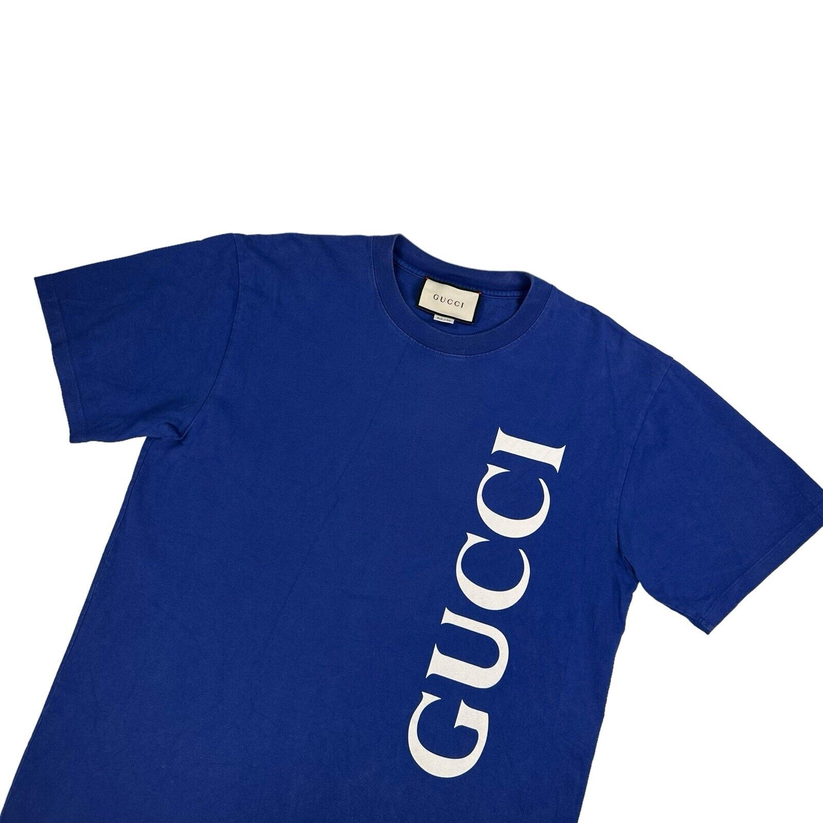 Gucci Size M T-Shirt Deep Blue Vertical Logo Heavyweight Crewneck Cotton Tee