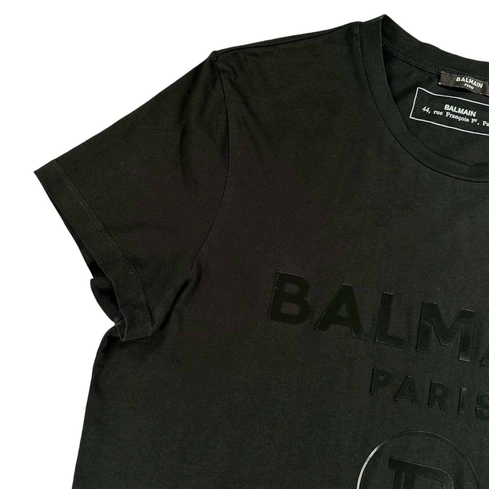 Balmain Size L Black T-Shirt Raised 3D Plastic Logo Big B Crewneck Cotton Tee