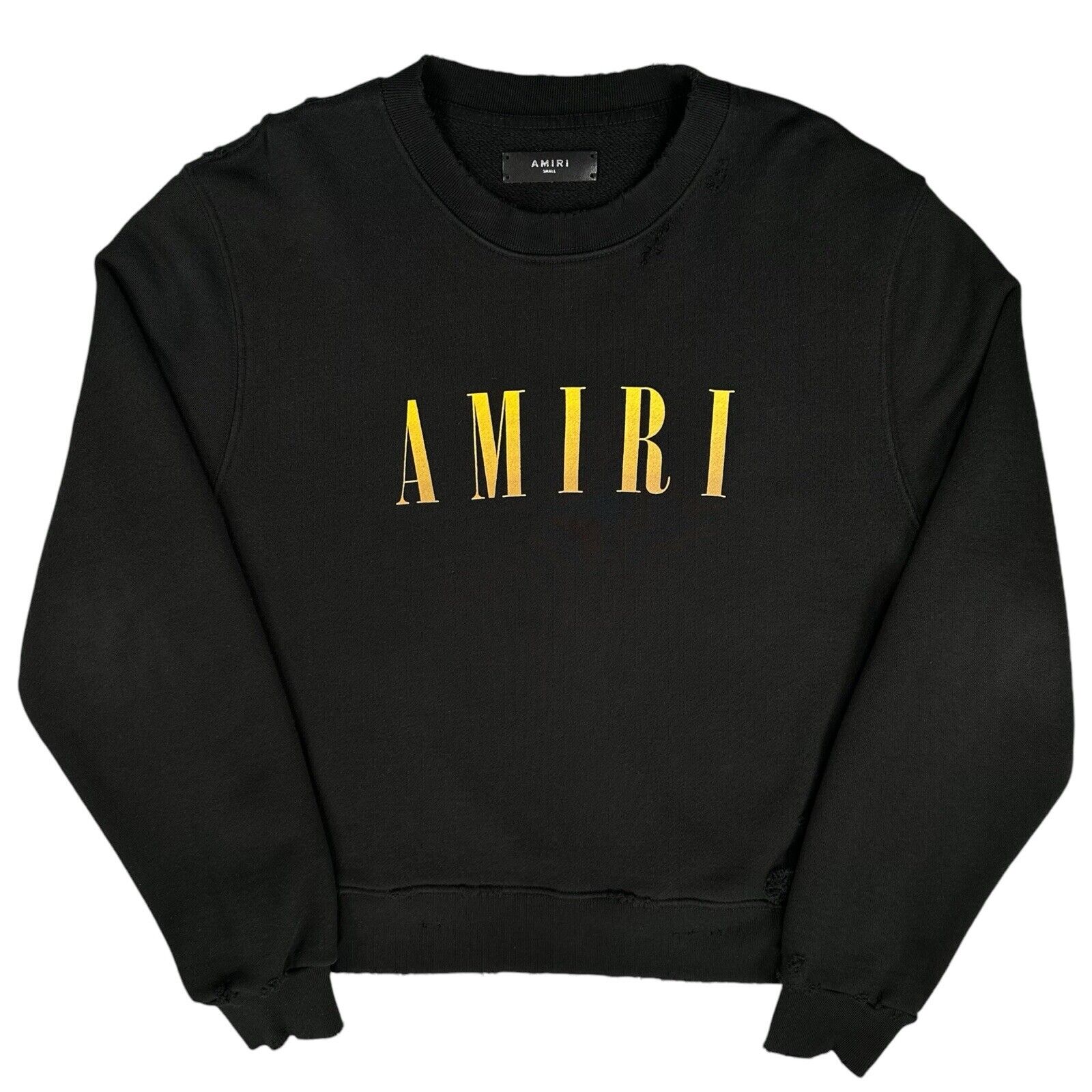 Amiri Size S Black Sweatshirt Distressed Yellow Chest Graphic Print Logo Crew