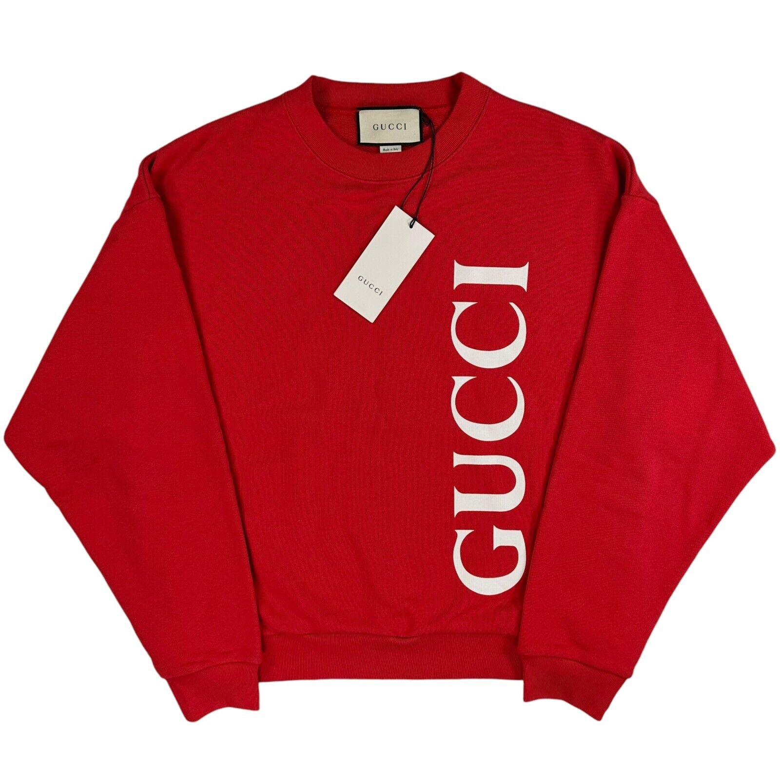 Gucci Size S Sweatshirt Rich Red Full Graphic Print Vertical Logo Pullover Crew