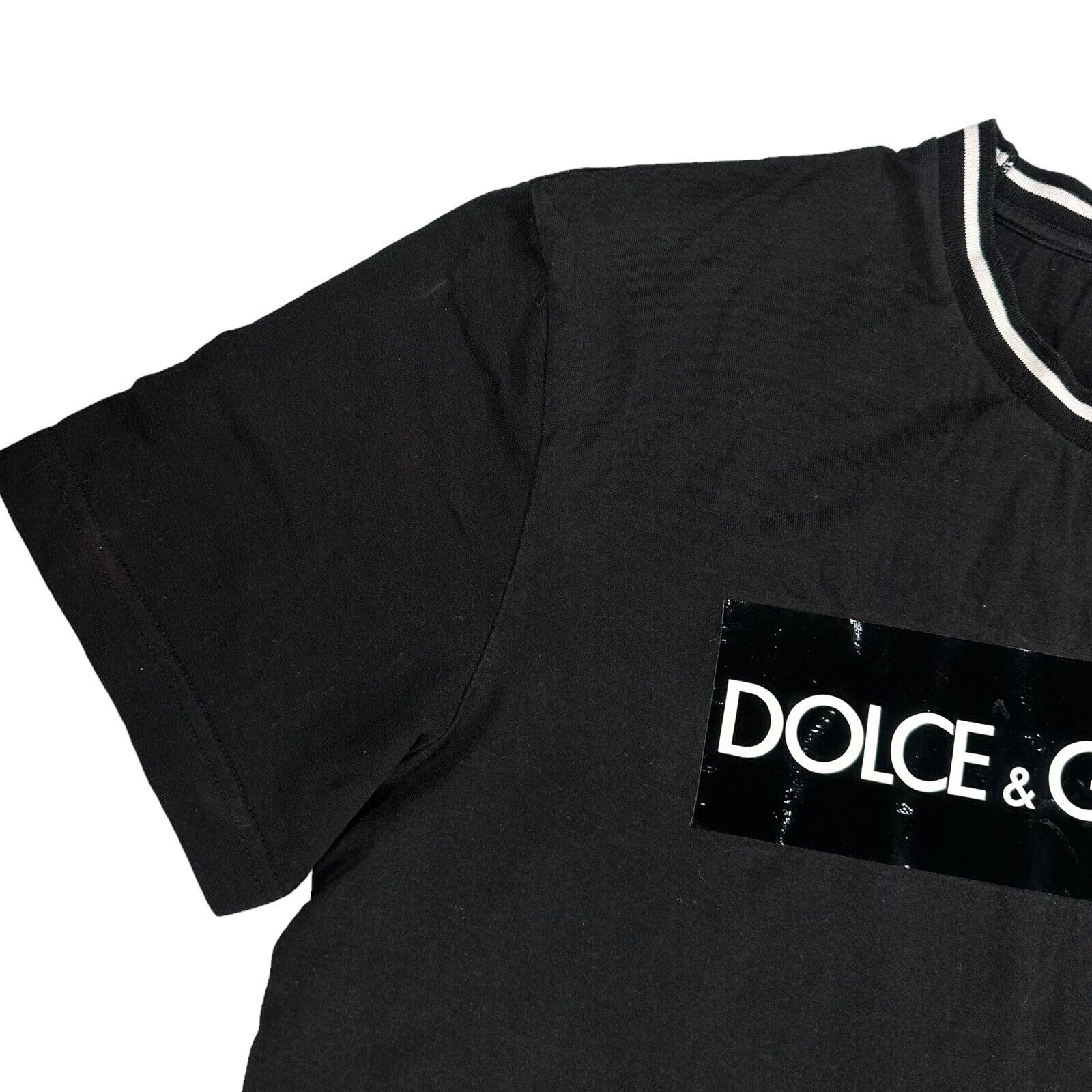 Dolce & Gabbana Size M T-Shirt Black Tape Logo Round Neck Ringer Tee Cotton