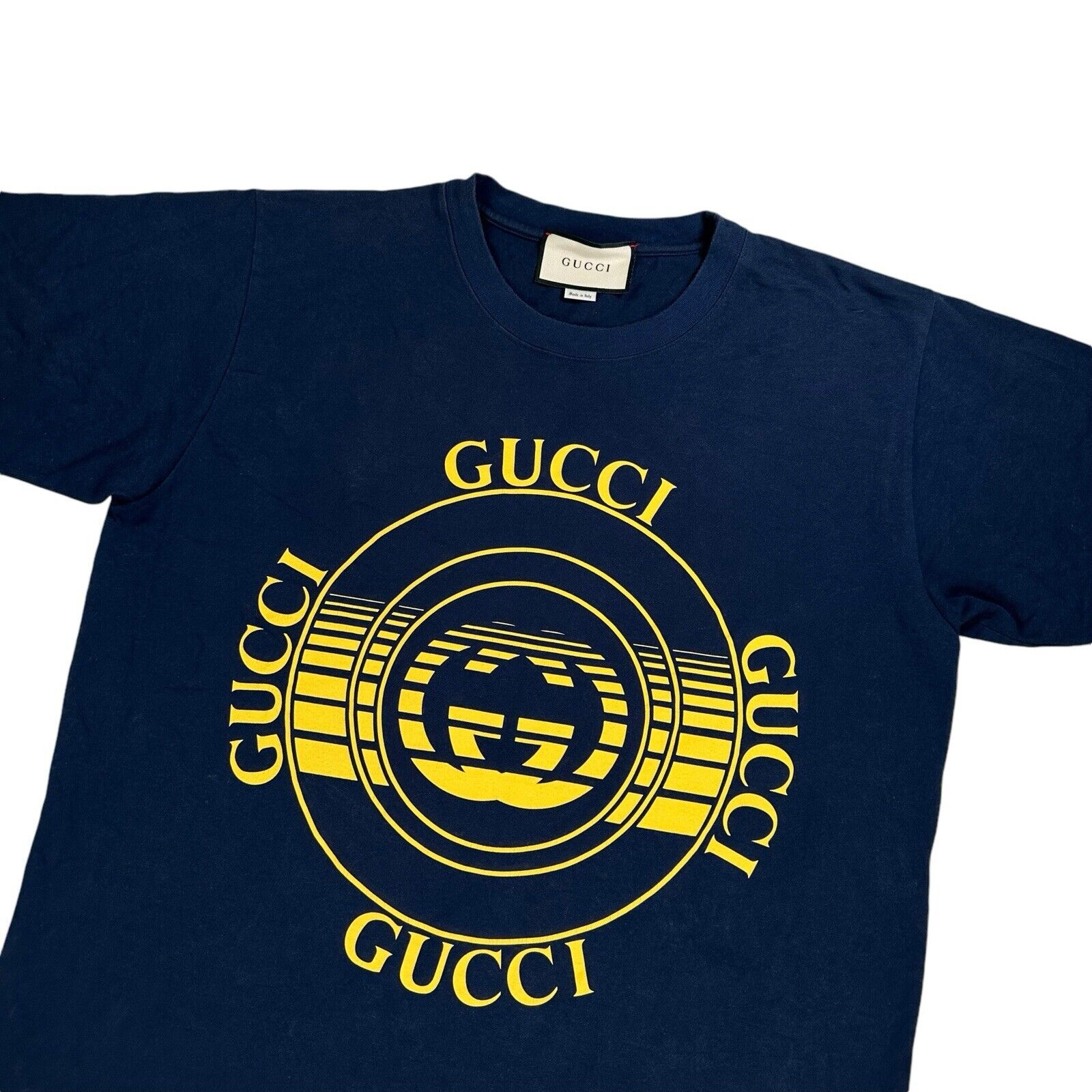 Gucci Size L T-Shirt Navy Blue Record Disk Graphic Print Logo Heavyweight Tee