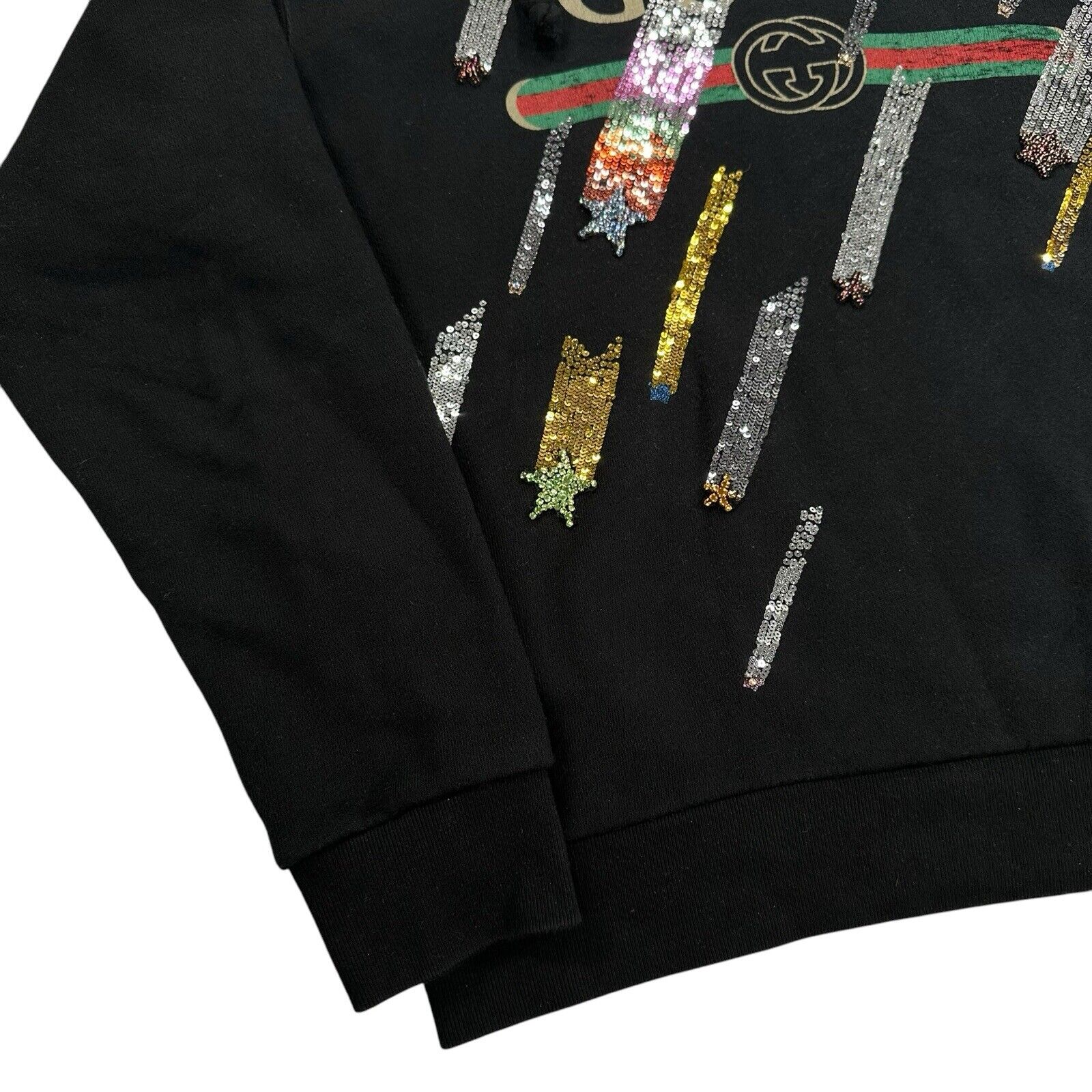 Gucci Size S Black Sweatshirt Hoodie Shooting Stars Sequin Logo Interlocking GG