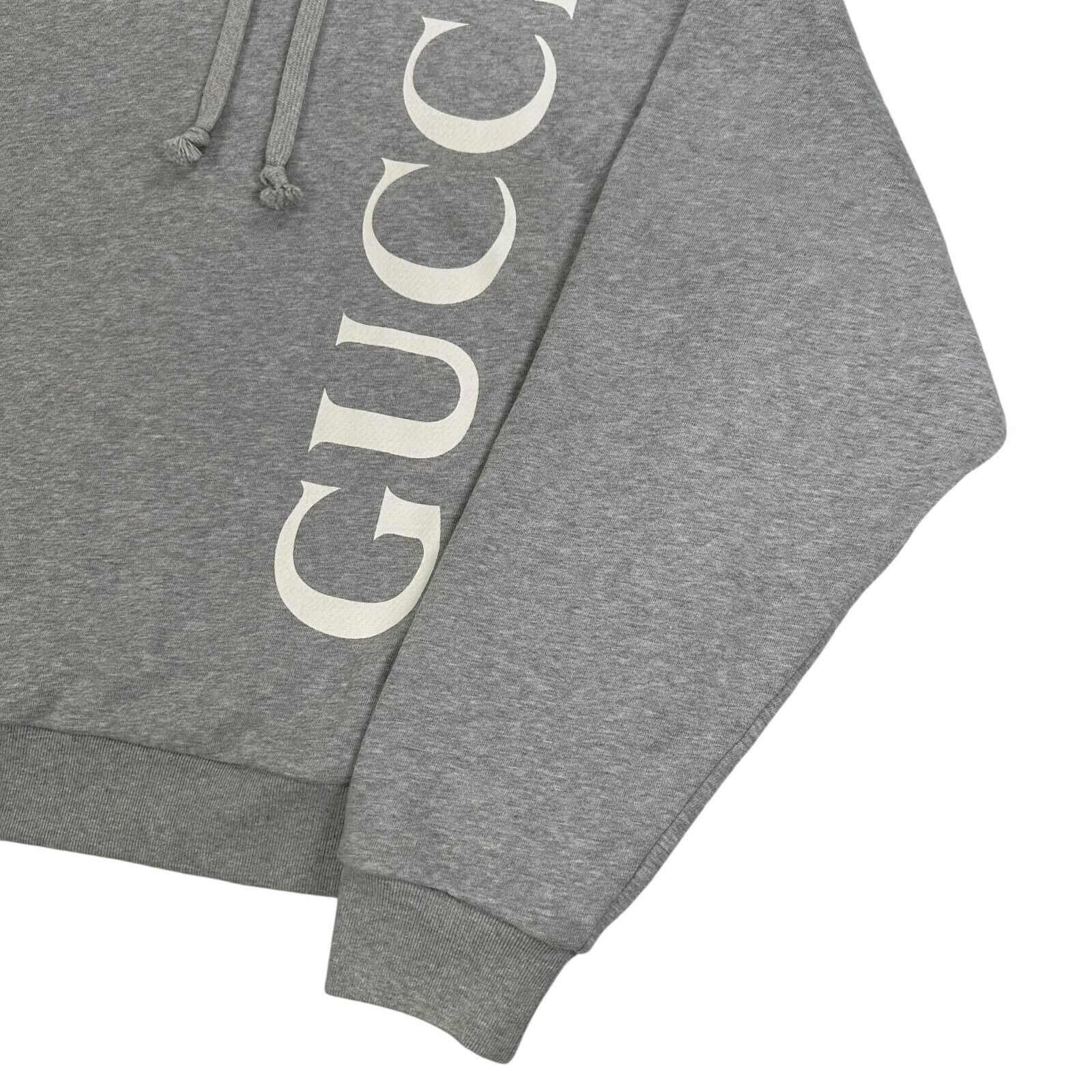 Gucci Size M Grey Sweatshirt Relaxed Fit Vertical Logo Graphic Print Drawstring