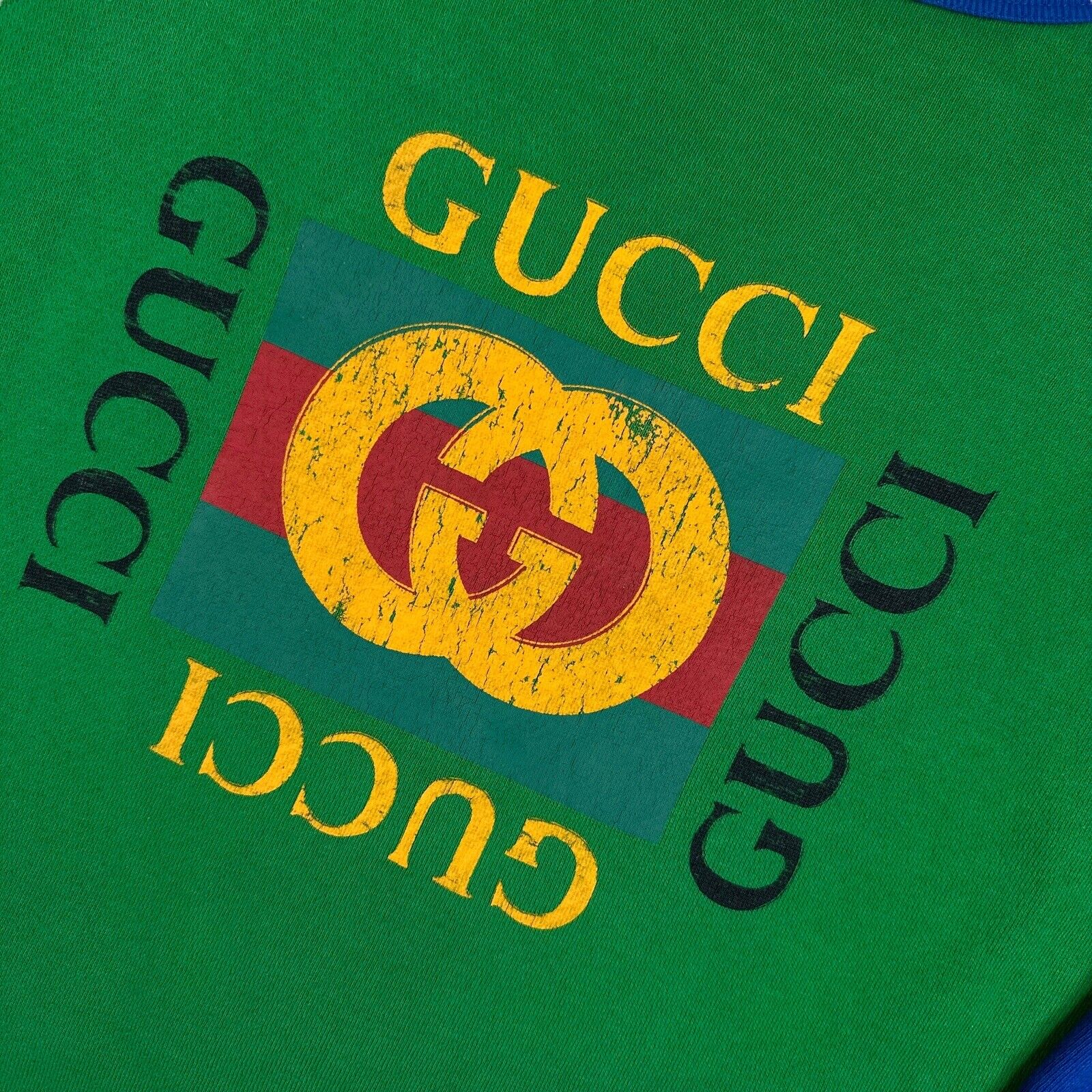 Gucci Size S Sweatshirt Green Blue Vintage Logo Oversized Round Neck Heavy