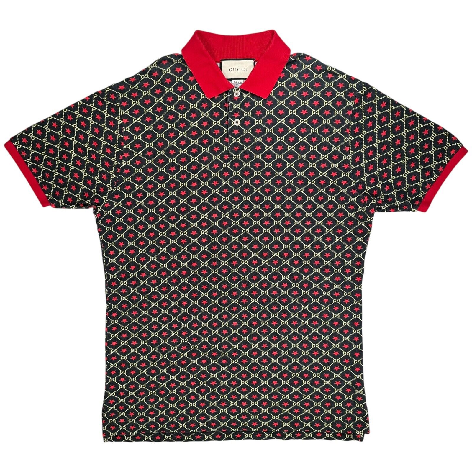 Gucci Size L Polo Shirt Black Interlocking GG Stars Rope All Over Logo Button Up