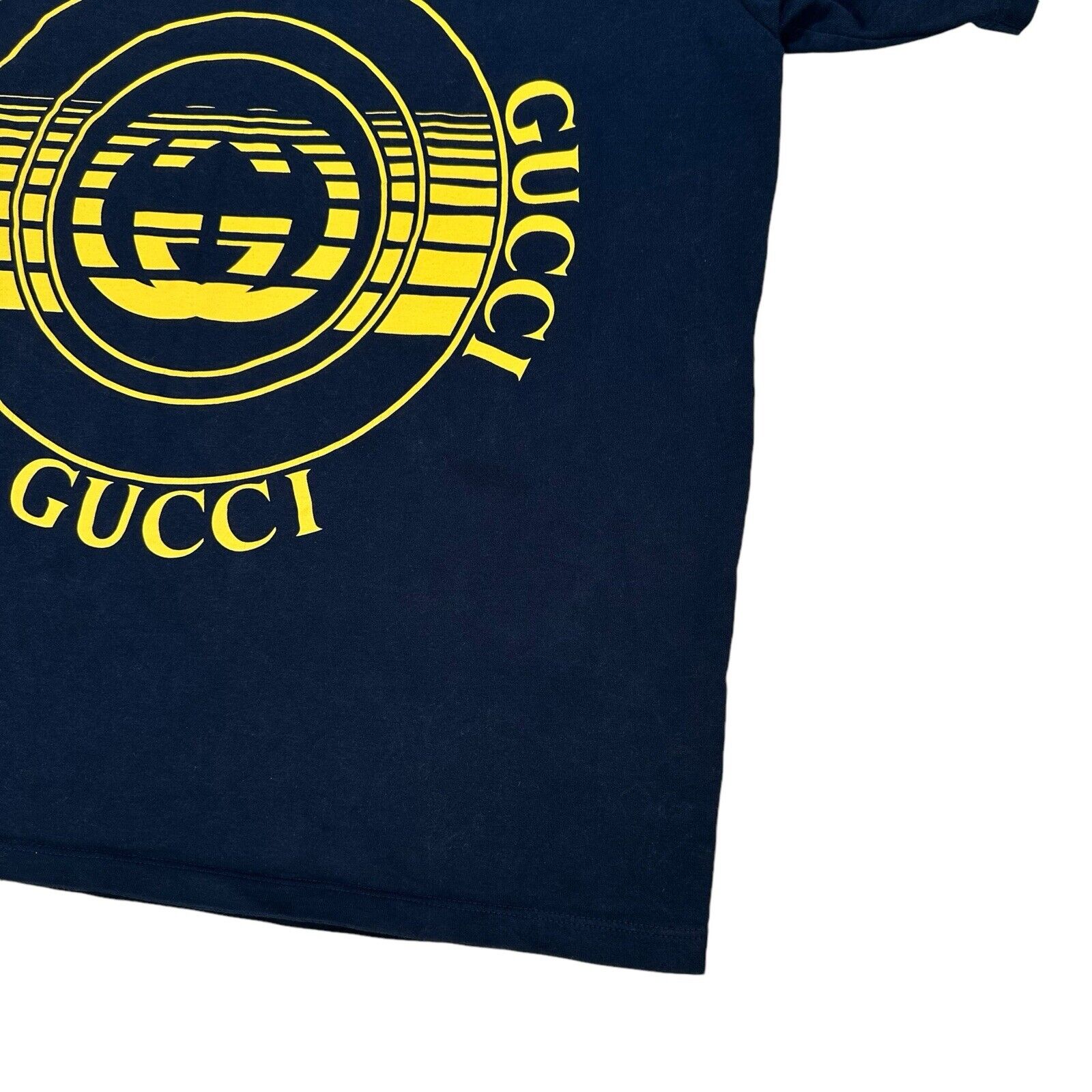 Gucci Size L T-Shirt Navy Blue Record Disk Graphic Print Logo Heavyweight Tee