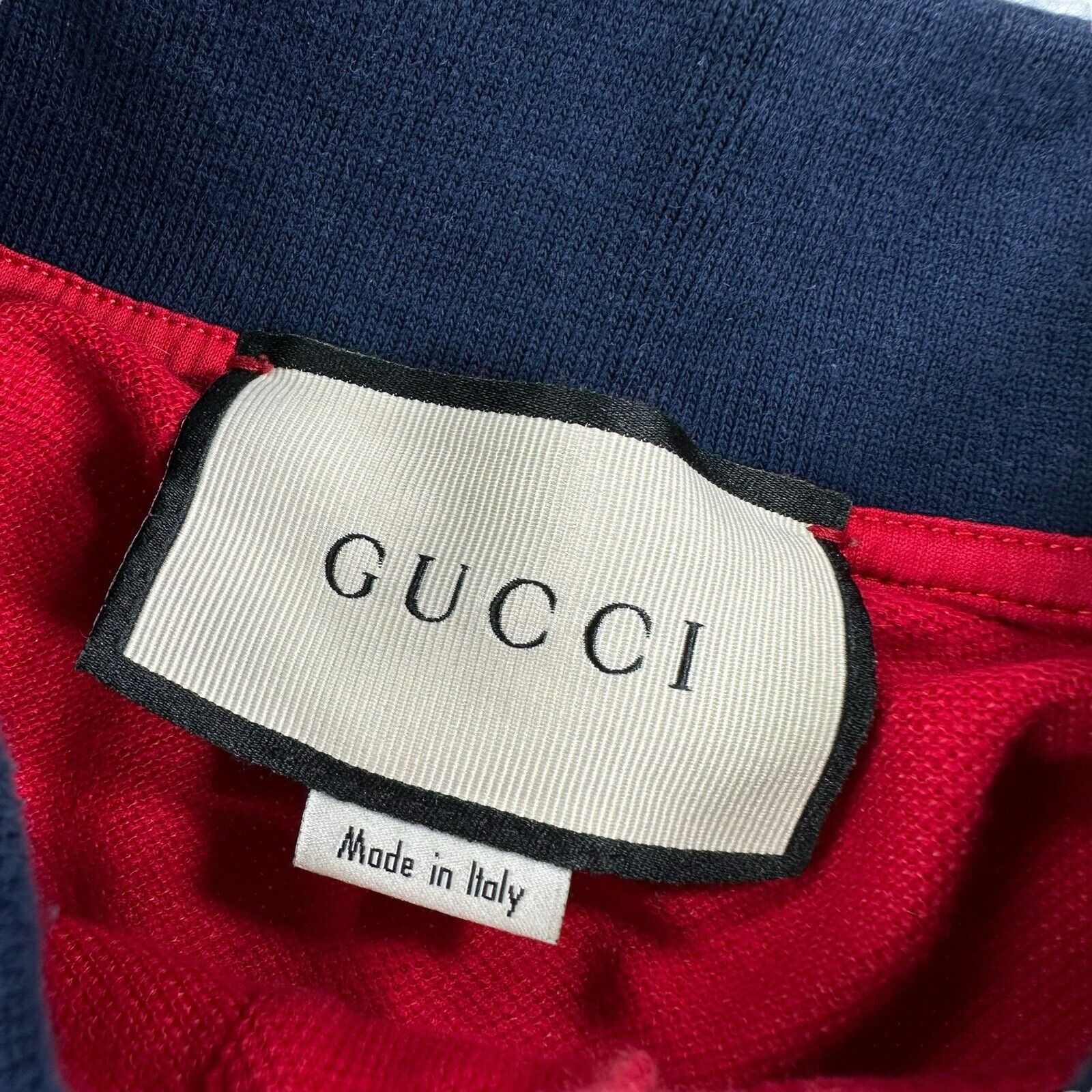 Gucci Size M Red Polo Shirt Bee Logo Embroidered Webbed Striped Shoulders