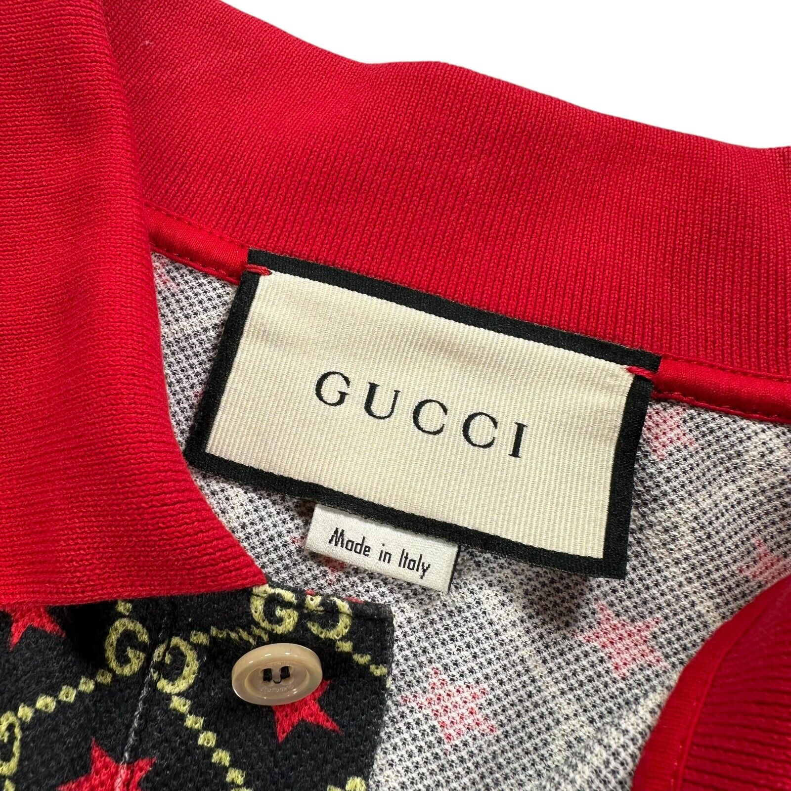 Gucci Size L Polo Shirt Black Interlocking GG Stars Rope All Over Logo Button Up