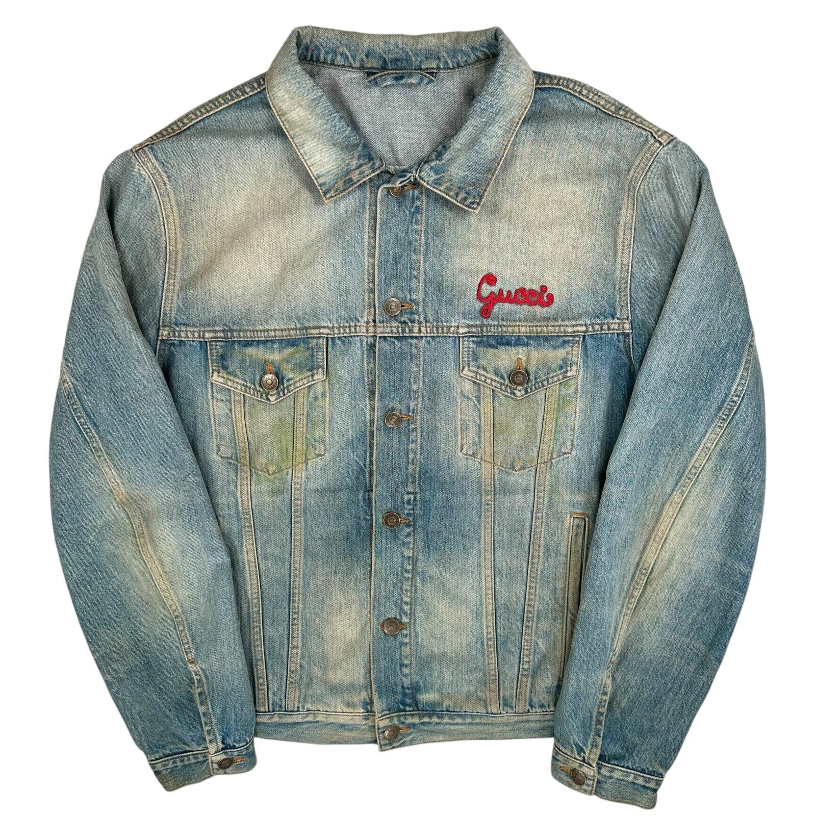 Gucci Size S Blue Denim Jacket Distressed Mon Petit Chat Embroidered Logo Button