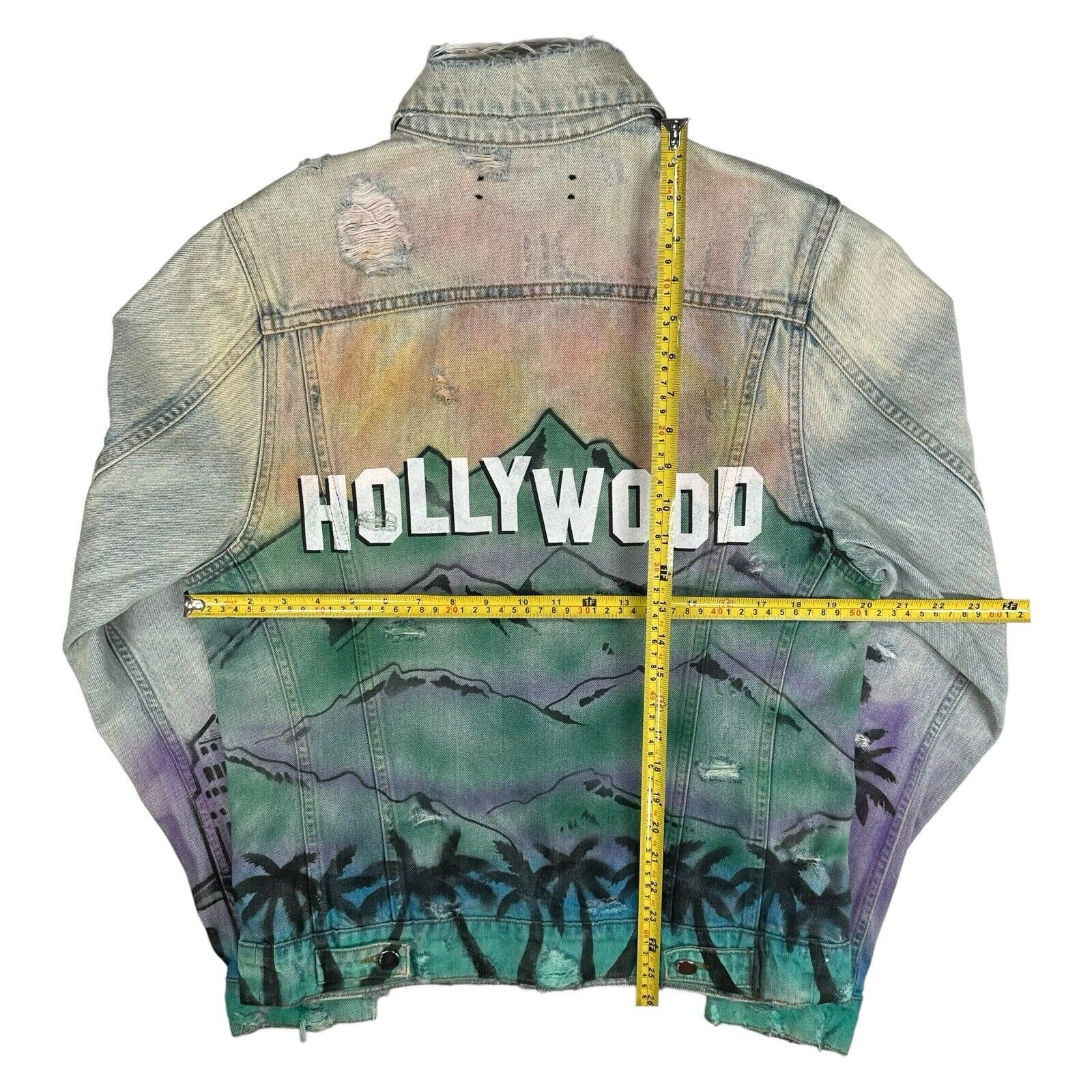 Amiri Size M Distressed Hollywood Back Logo Denim Jacket Light Blue Skyline