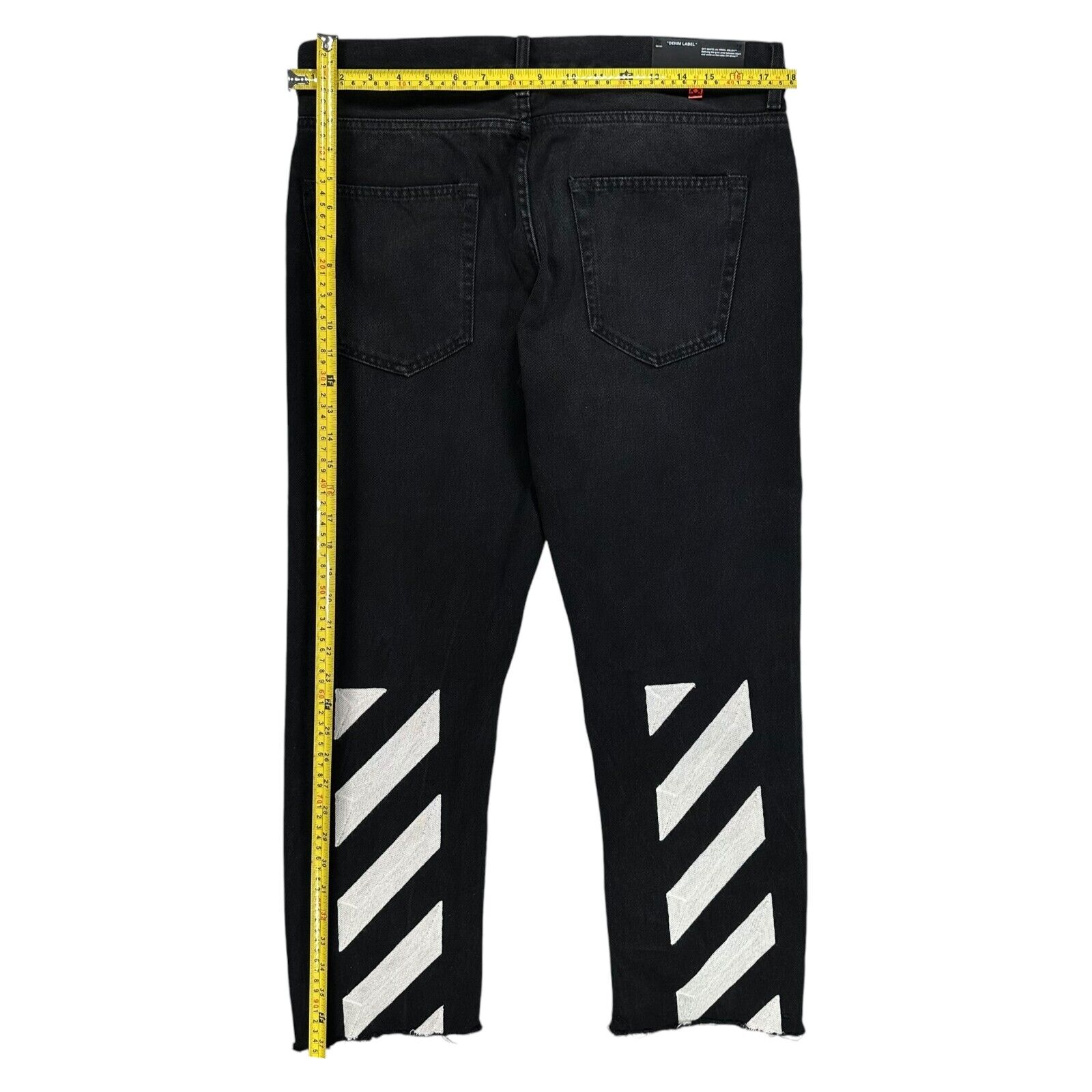 Off-White Size 34/L Black Jeans Zip Up Relaxed Fit Straight Leg Striped Caution