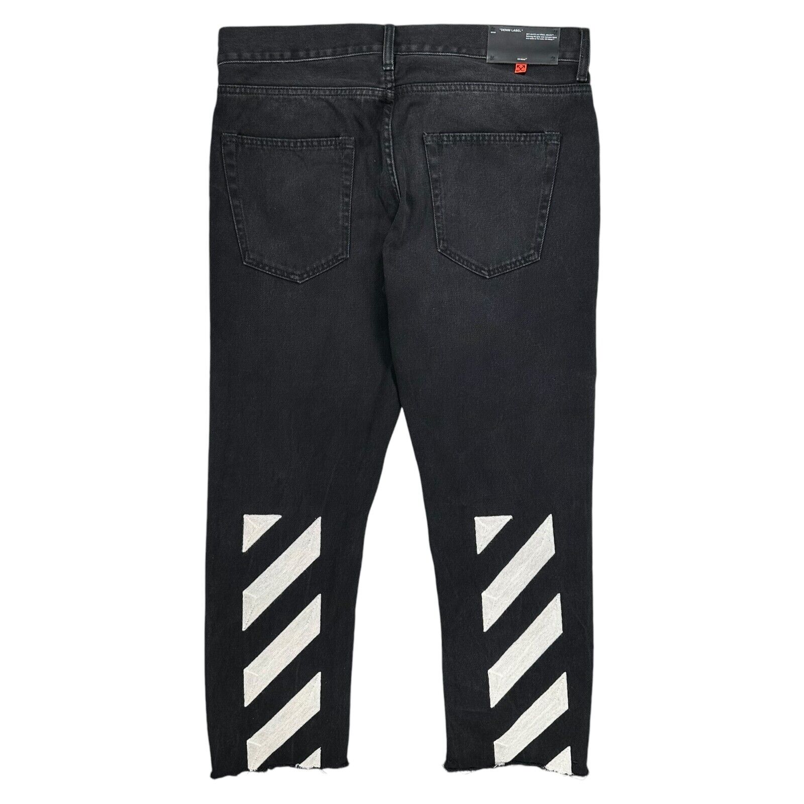 Off-White Size 34/L Black Jeans Zip Up Relaxed Fit Straight Leg Striped Caution