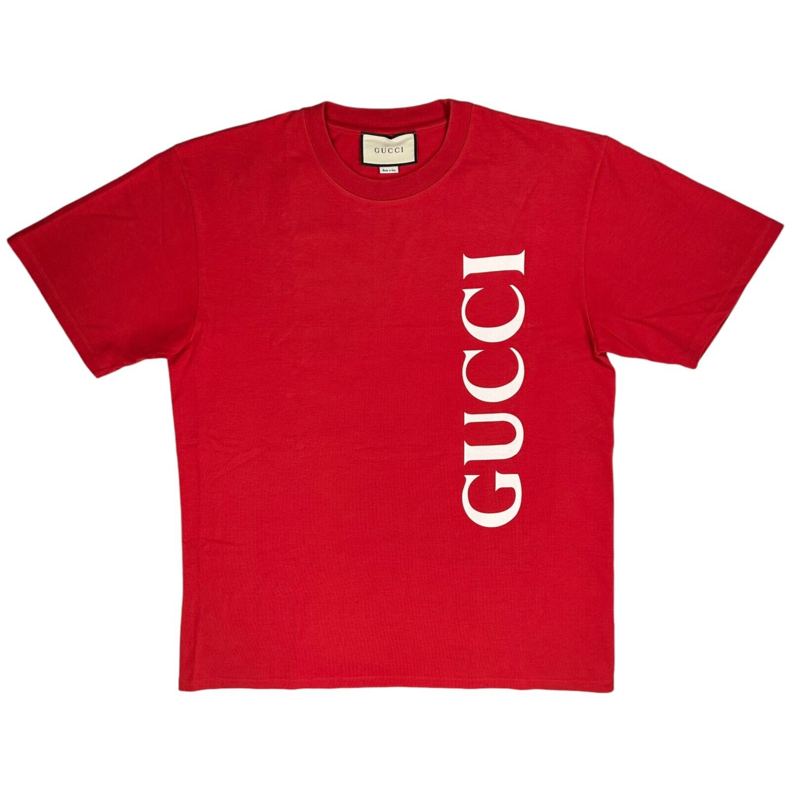 Gucci Size L Red T-Shirt Oversized Vertical Logo Graphic Print Heavyweight Crew