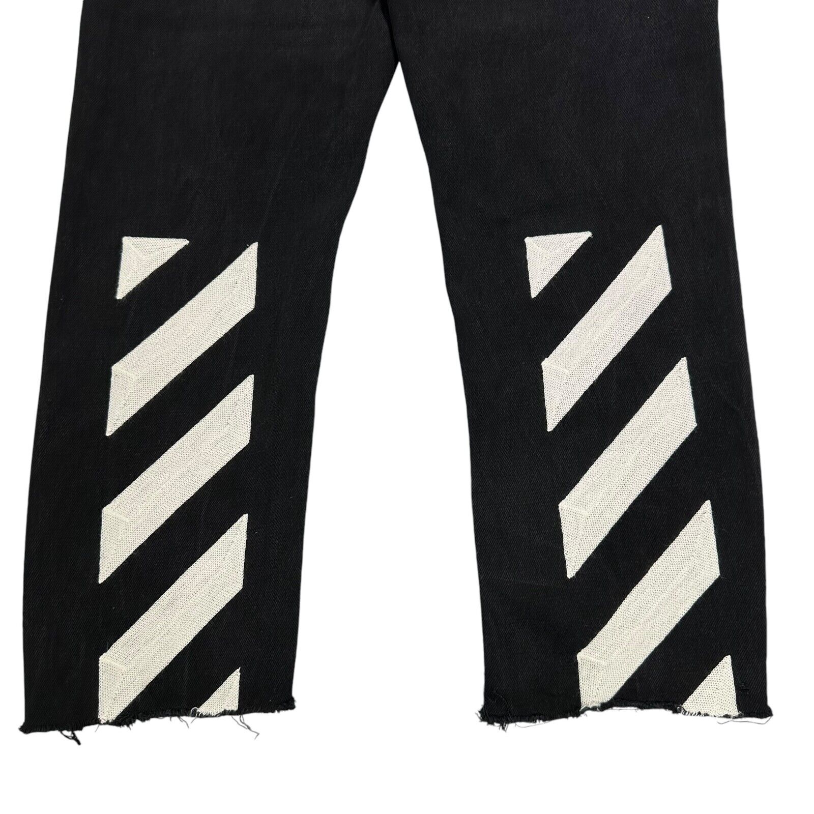 Off-White Size 34/L Black Jeans Zip Up Relaxed Fit Straight Leg Striped Caution