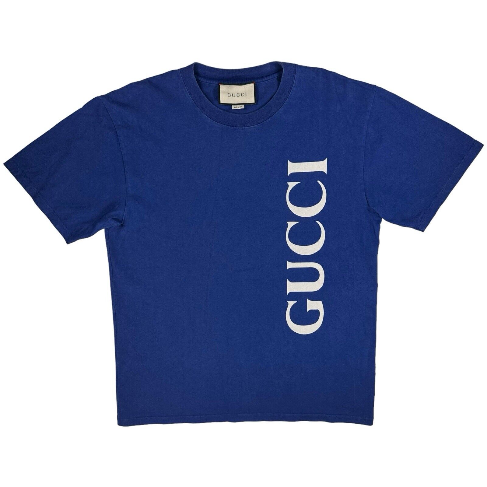 Gucci Size M T-Shirt Deep Blue Vertical Logo Heavyweight Crewneck Cotton Tee