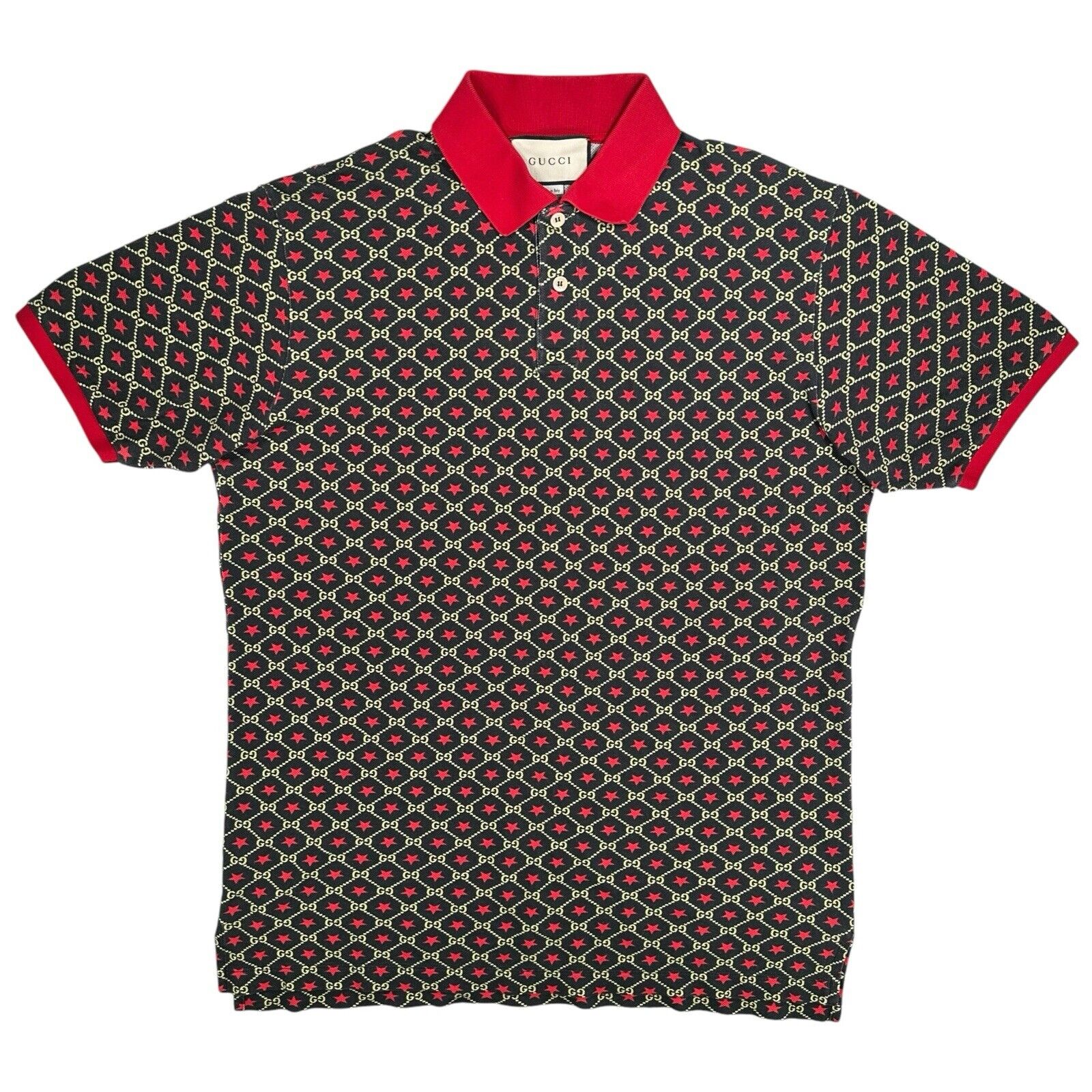 Gucci Size M Polo Shirt Black Interlocking GG Stars Logo Oversized Red Collar