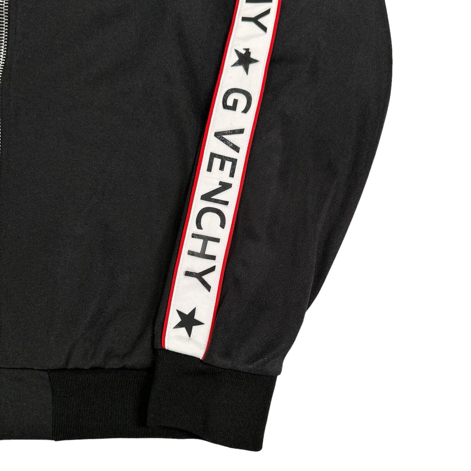 Givenchy Size L Black Track Jacket Plastic Taped Sleeve Logos Zip Up