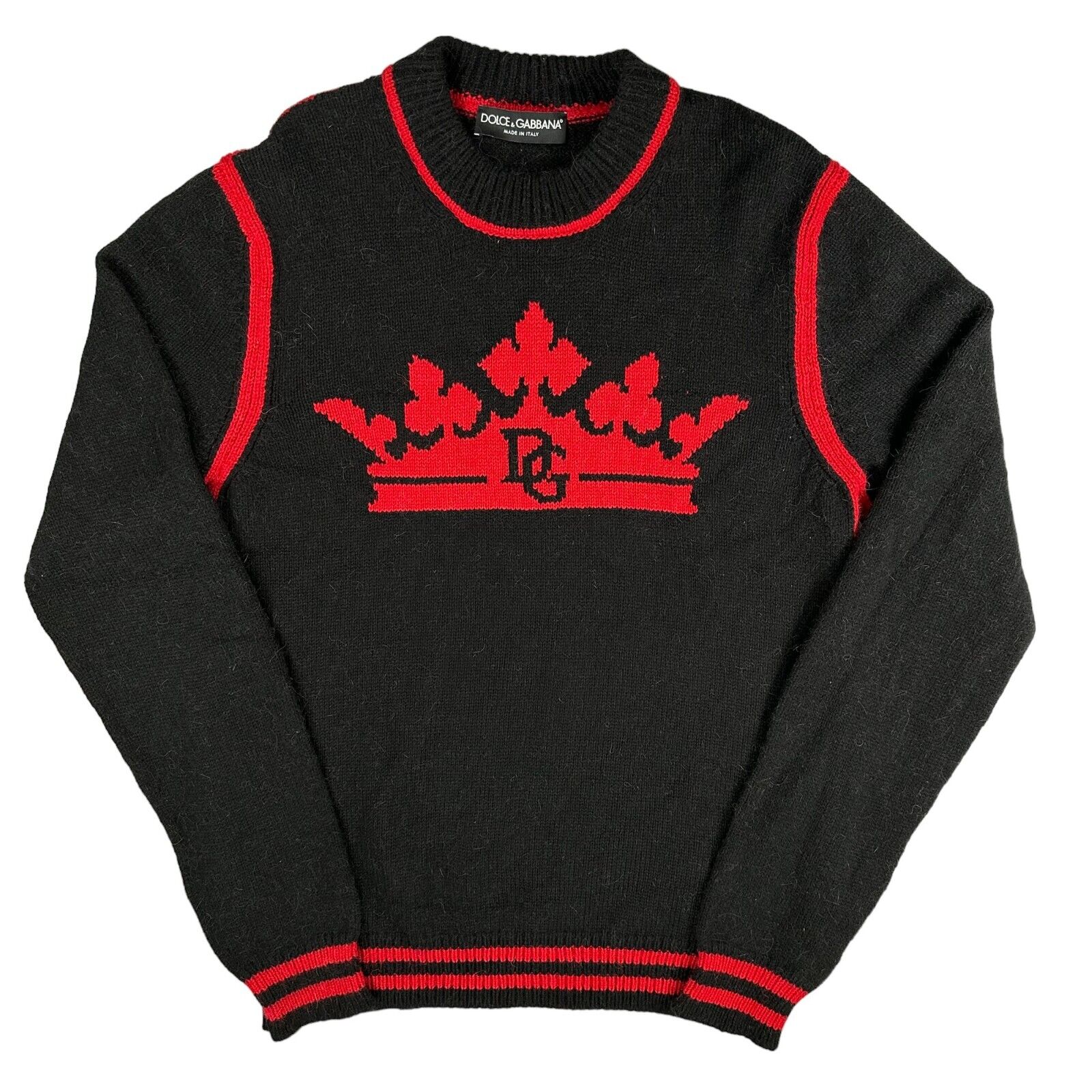 Dolce & Gabbana Size M Wool Jumper Black Red DG King Crown Logo Pullover Sweater