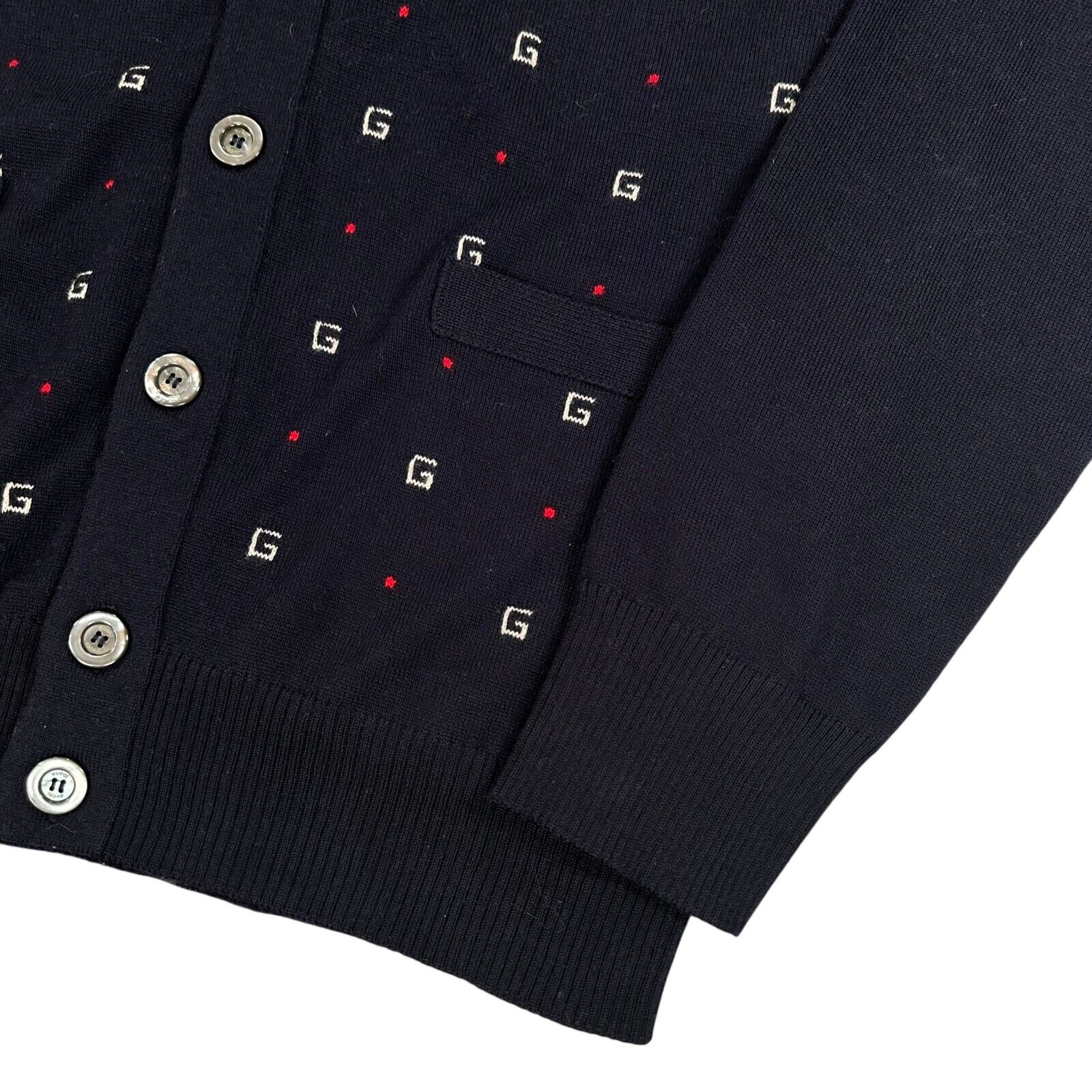 Gucci Size M Cardigan Navy Button Up Cashmere Wool GG Logo V-Neck Jumper