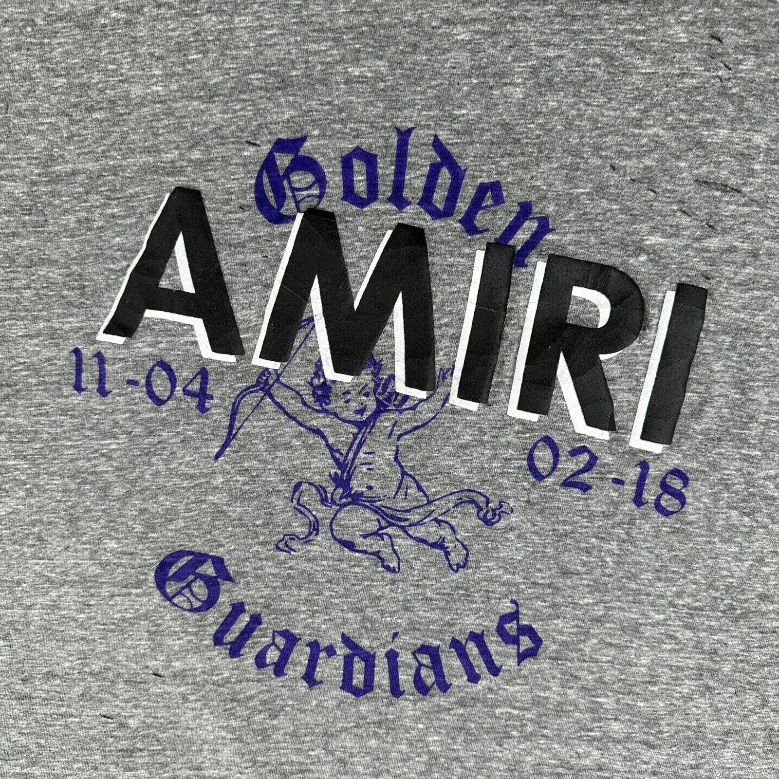 Amiri Size M T-Shirt Distressed Grey Golden Guardians Varsity Logo Cotton Tee