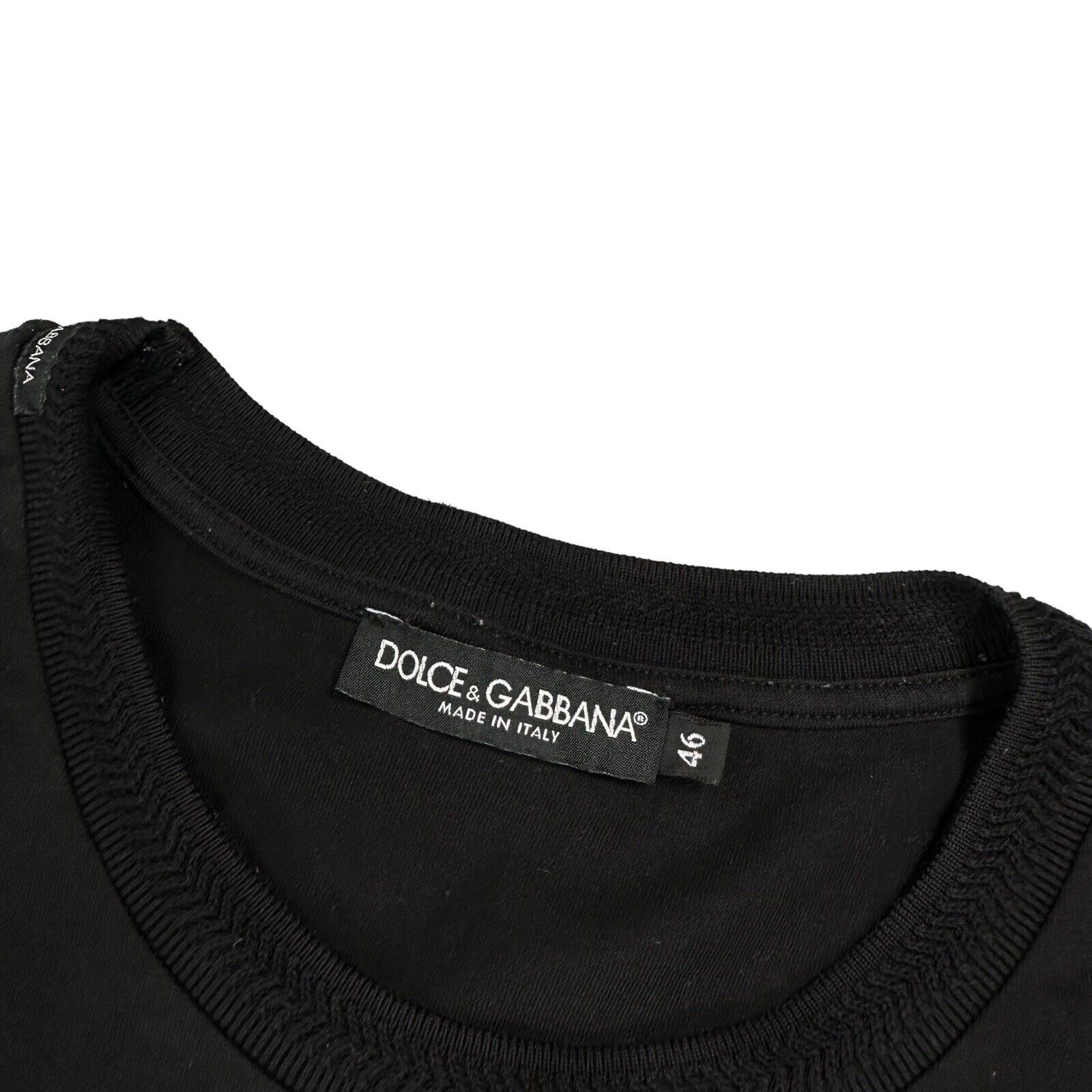 Dolce & Gabbana Size S T-Shirt Black DG Rubber Badge Logo Cotton Ribbed Neck Tee