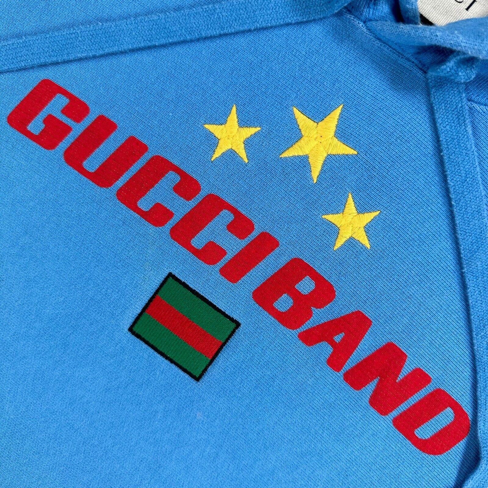 Gucci Size S Sweatshirt Baby Blue Embroidered Gucci Band Stars Logo Drawstring