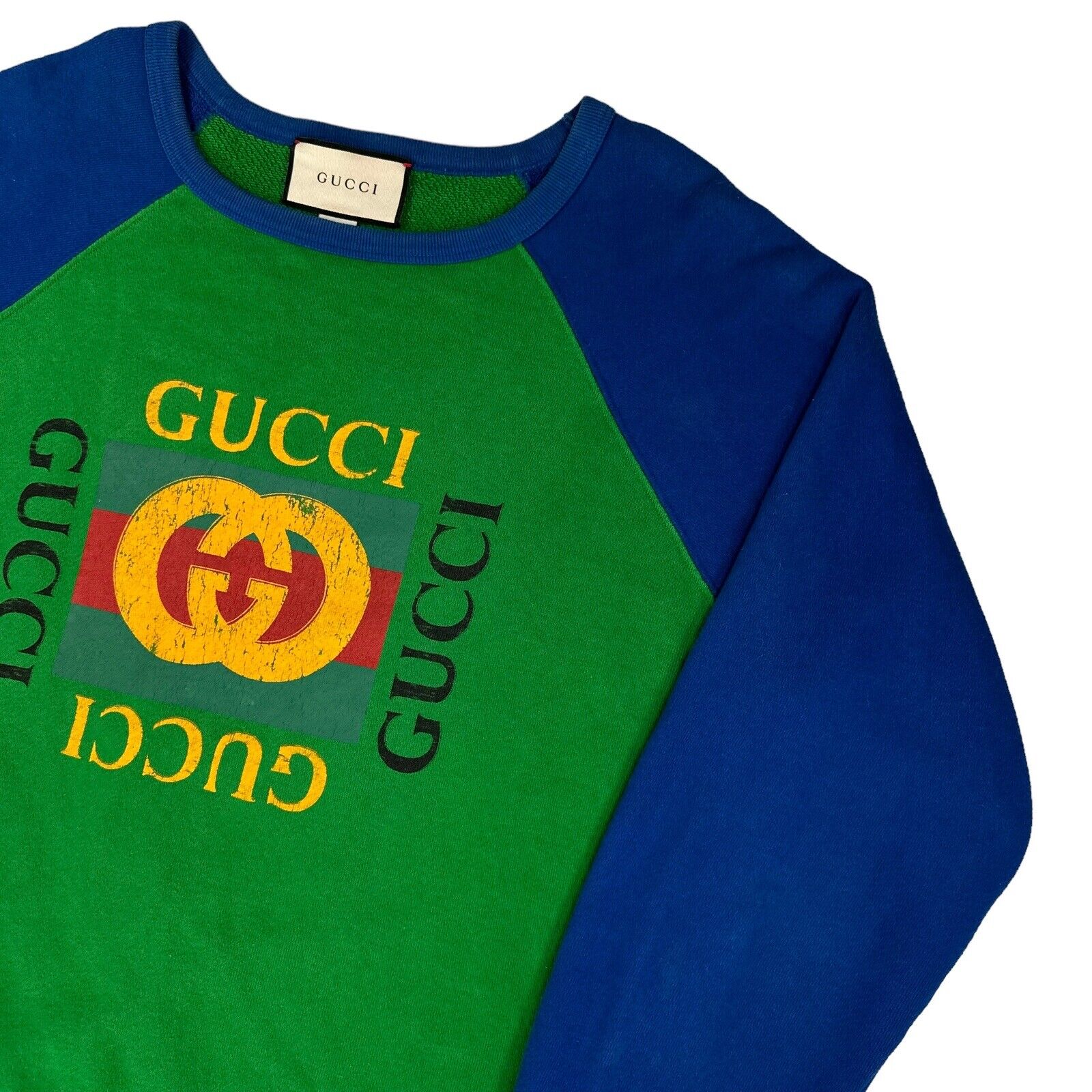 Gucci Size S Sweatshirt Green Blue Vintage Logo Oversized Round Neck Heavy