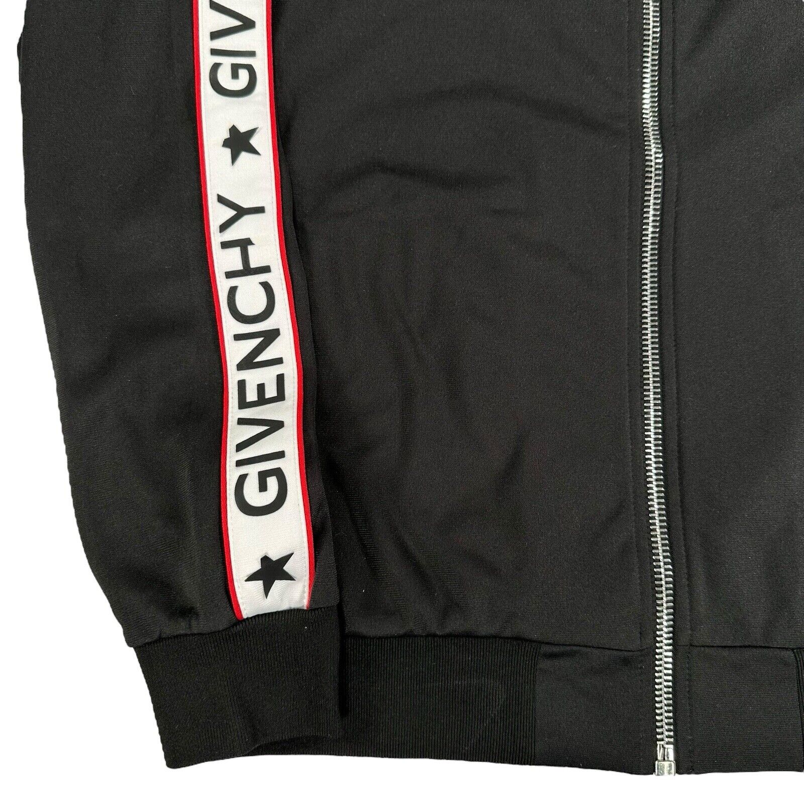 Givenchy Size L Black Track Jacket Plastic Taped Sleeve Logos Zip Up