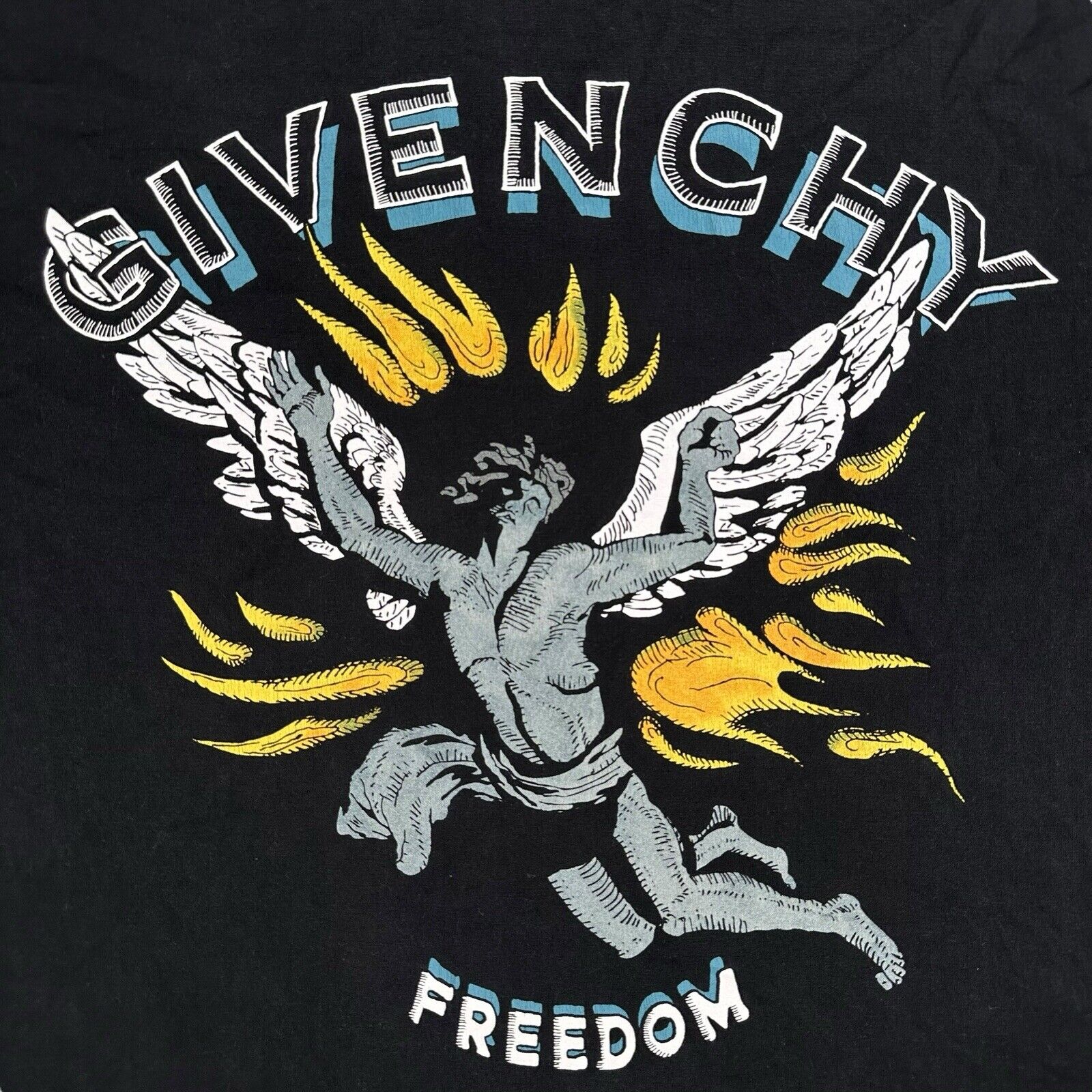 Givenchy Size L T-Shirt Black Angel Fire Freedom Graphic Round Neck Cotton Tee