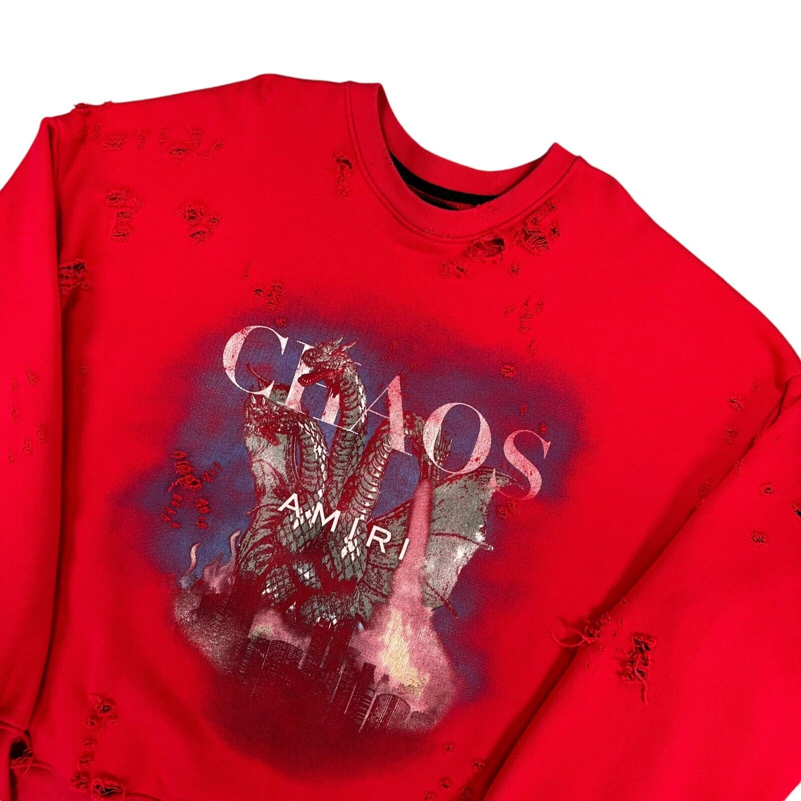 Amiri Size L Sweatshirt Red Oversized Distressed Chaos Logo Heavyweight Pullover