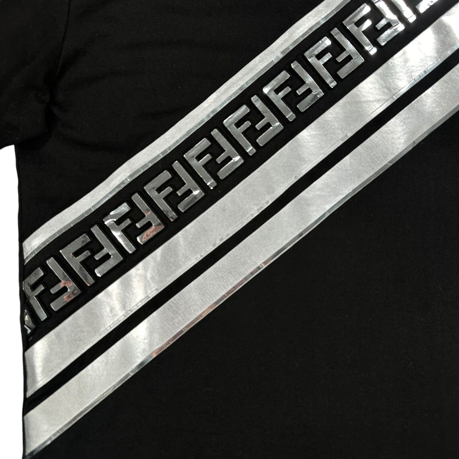 Fendi Size M T-Shirt Black FF Silver Mirror Repeat Monogram Logo Striped Cotton