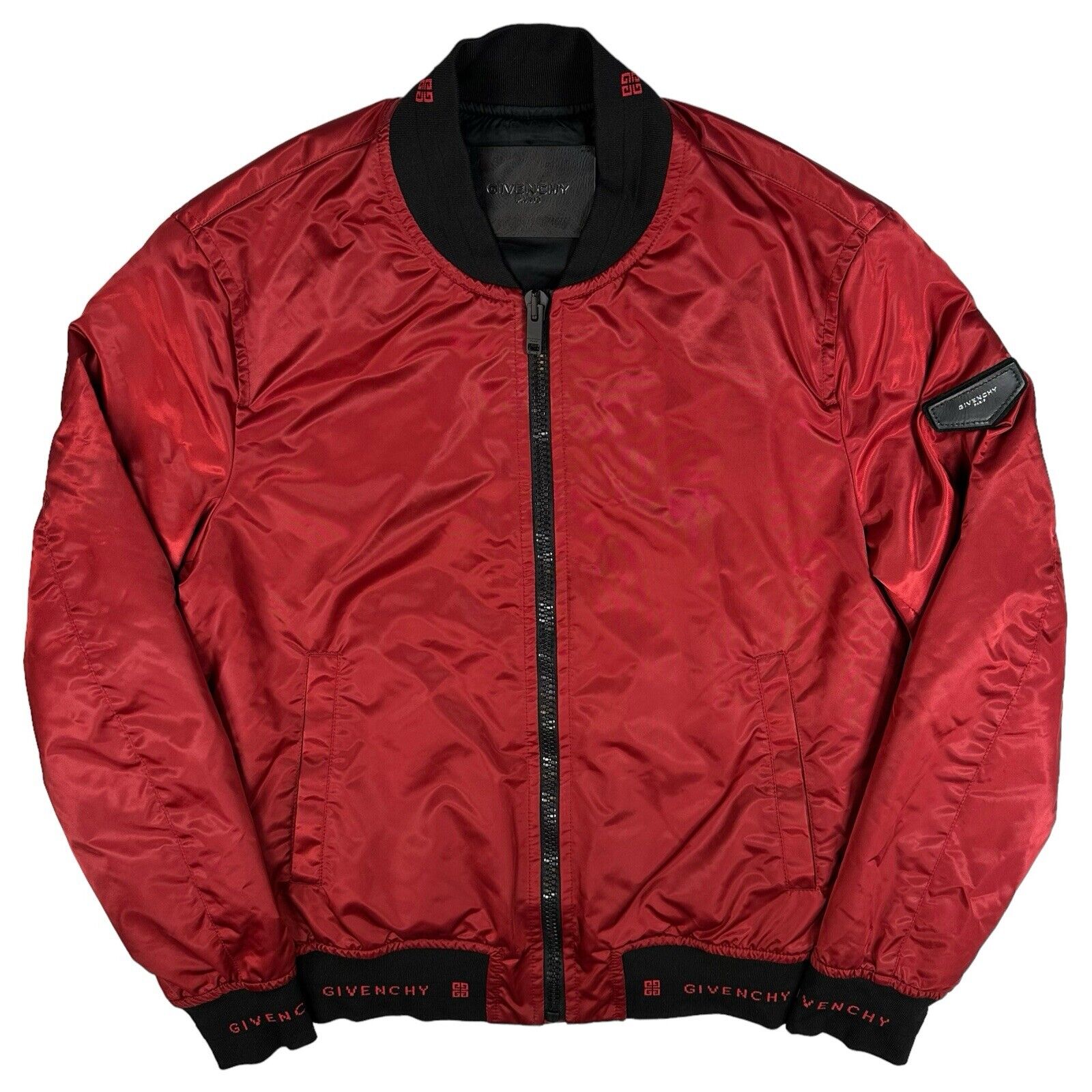 Givenchy Size S Red Bomber Jacket Satin Wrap Around Hem/Sleeve Logo Zip Up