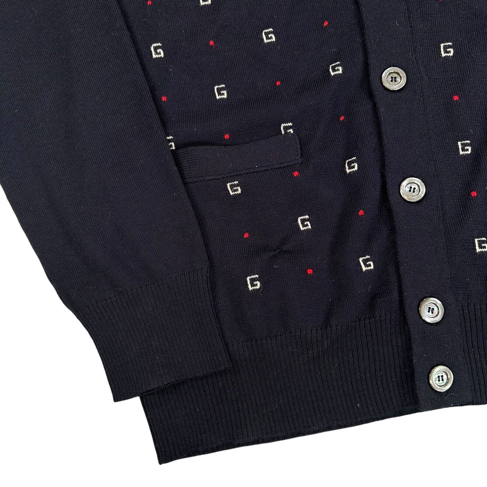 Gucci Size M Cardigan Navy Button Up Cashmere Wool GG Logo V-Neck Jumper