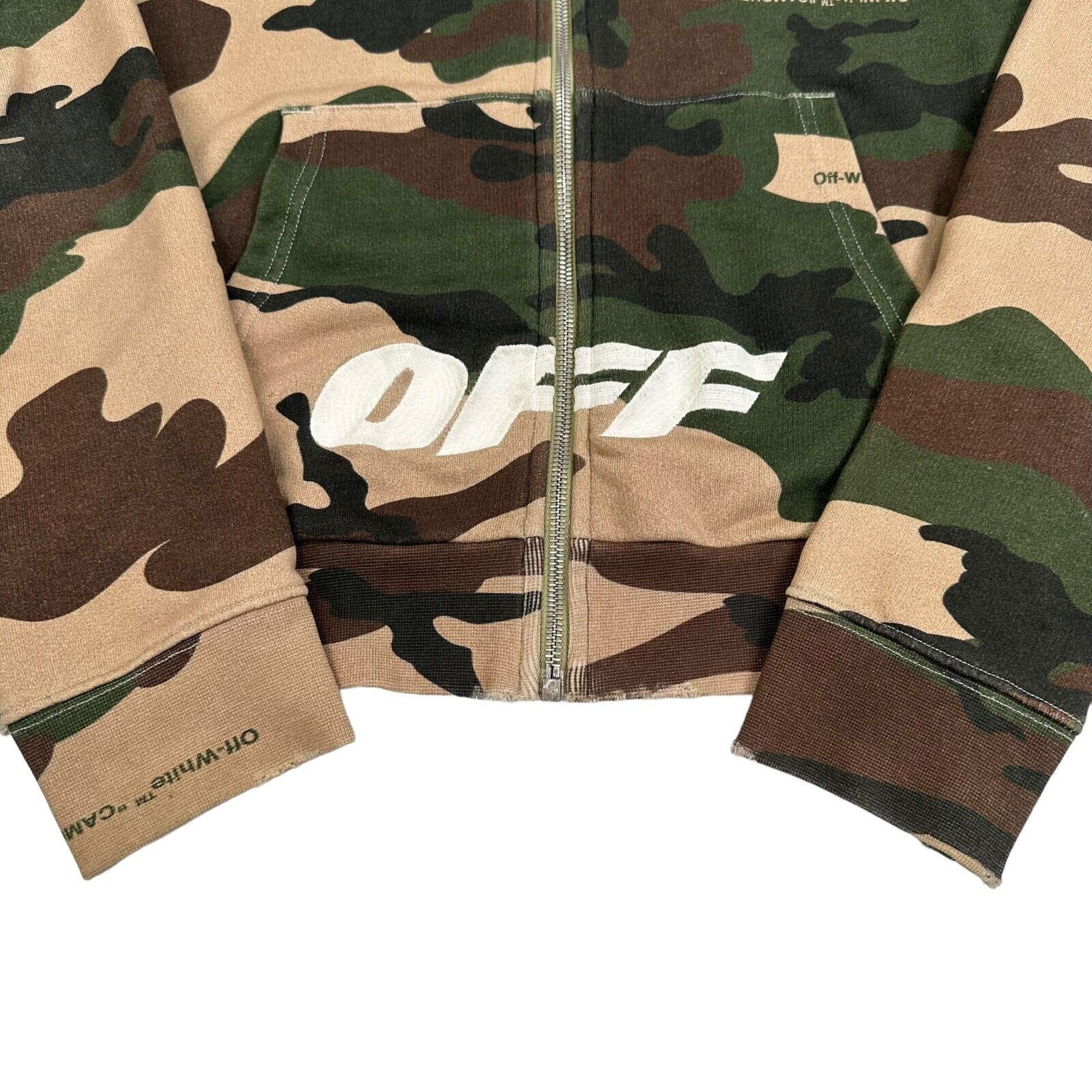 Off-White Size M Jacket Zip Up Distressed Camo Brown Embroidery Logo Hoodie