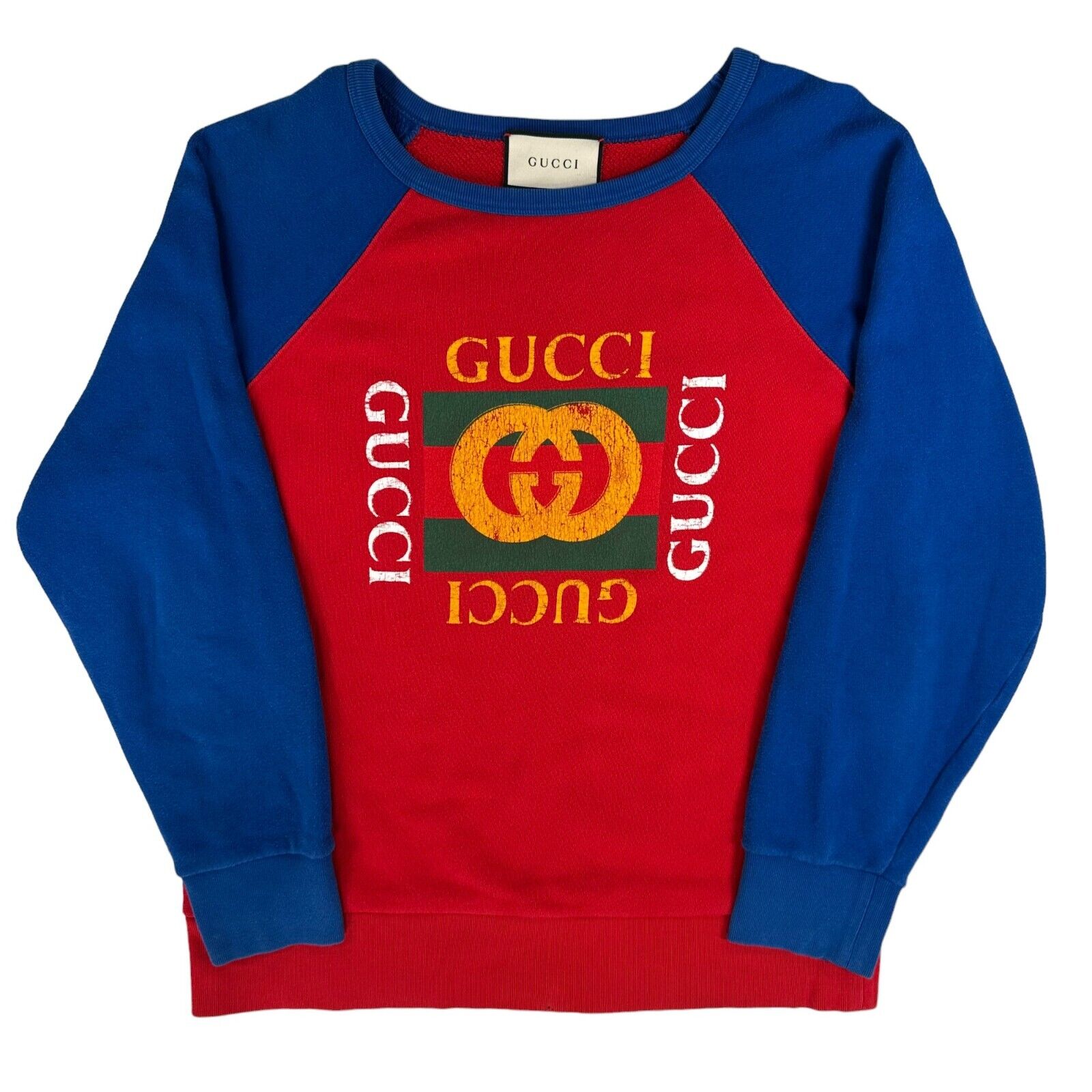 Gucci Size S Sweatshirt Red Blue Cotton Jersey Logo Print Pullover Crewneck