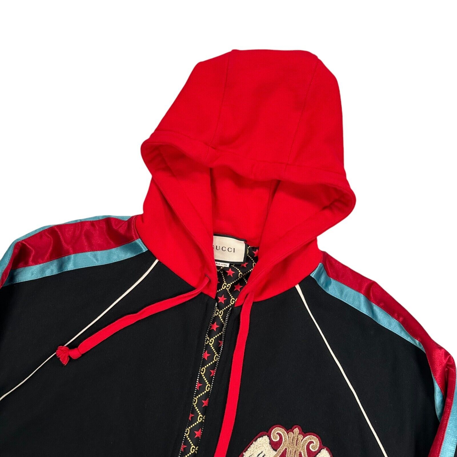 Gucci Size M Bomber Jacket Black Gucci Band Patch Taped Sleeve Red Hood GG Lined