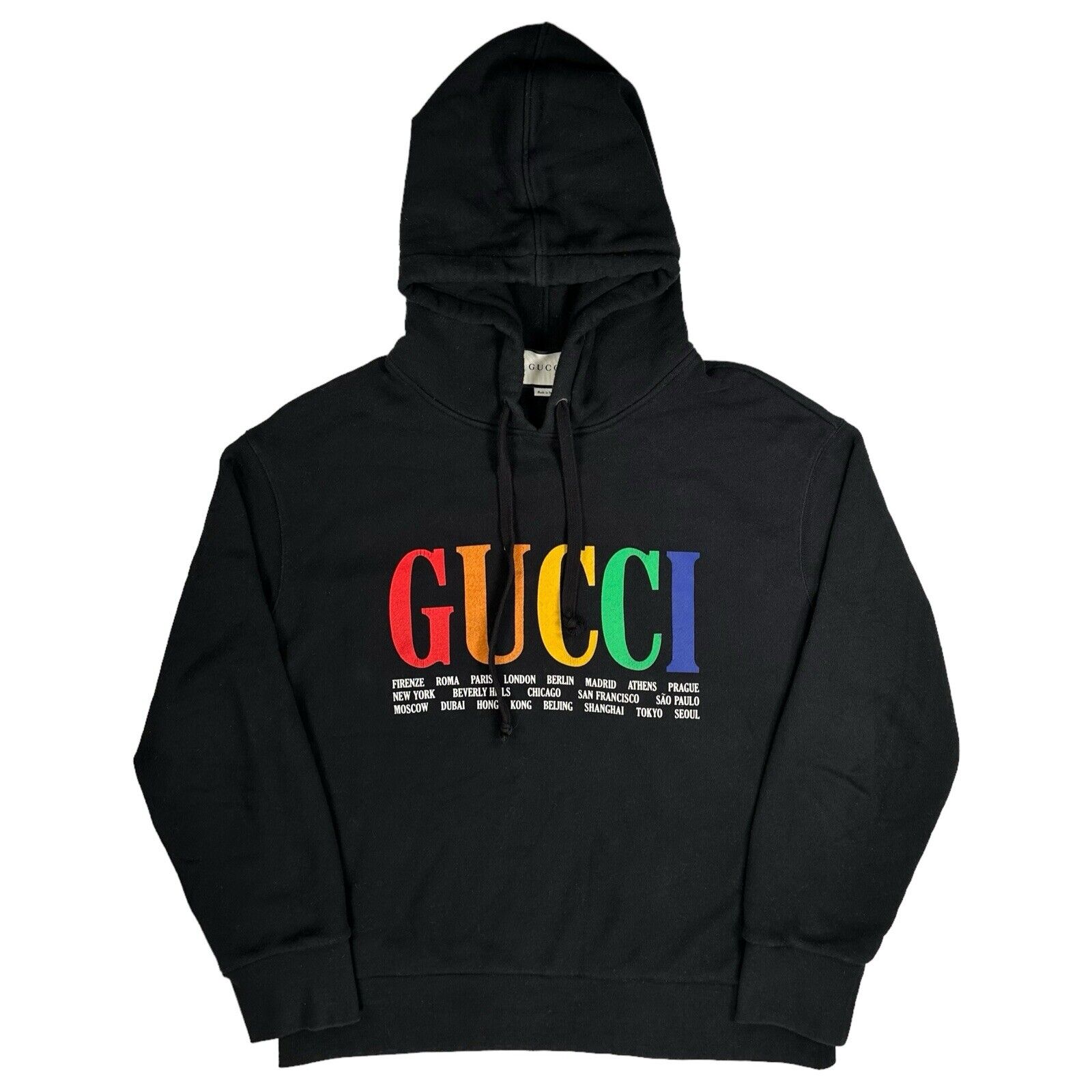 Gucci Size L Black Sweatshirt Cities Rainbow Logo Classic Hoodie Graphic Print