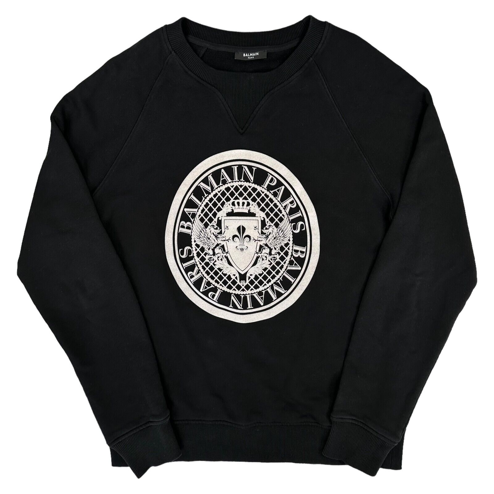 Balmain Size L Sweatshirt Black Coin Logo White Graphic Print Emblem Crewneck