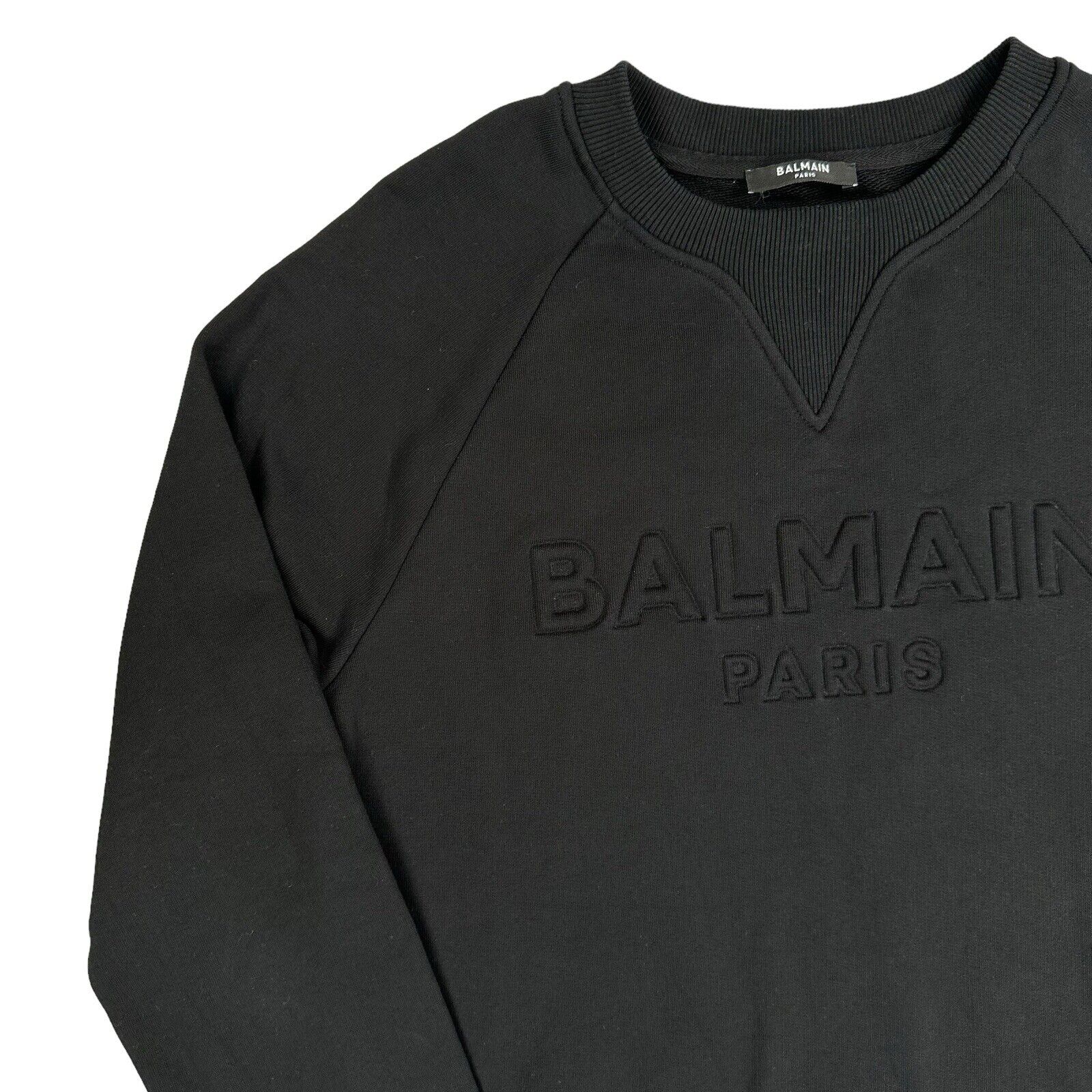 Balmain Size M Sweatshirt Black on Black Embossed 3D Chest Logo Crewneck Pull