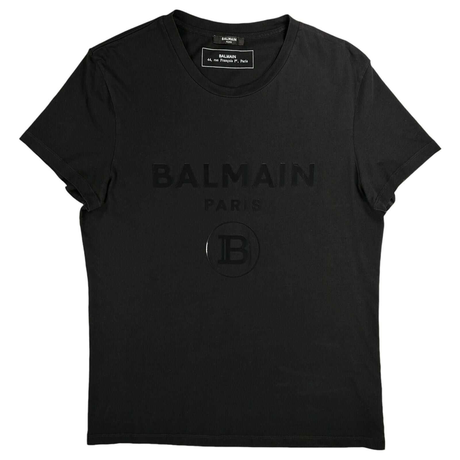 Balmain Size L Black T-Shirt Raised 3D Plastic Logo Big B Crewneck Cotton Tee